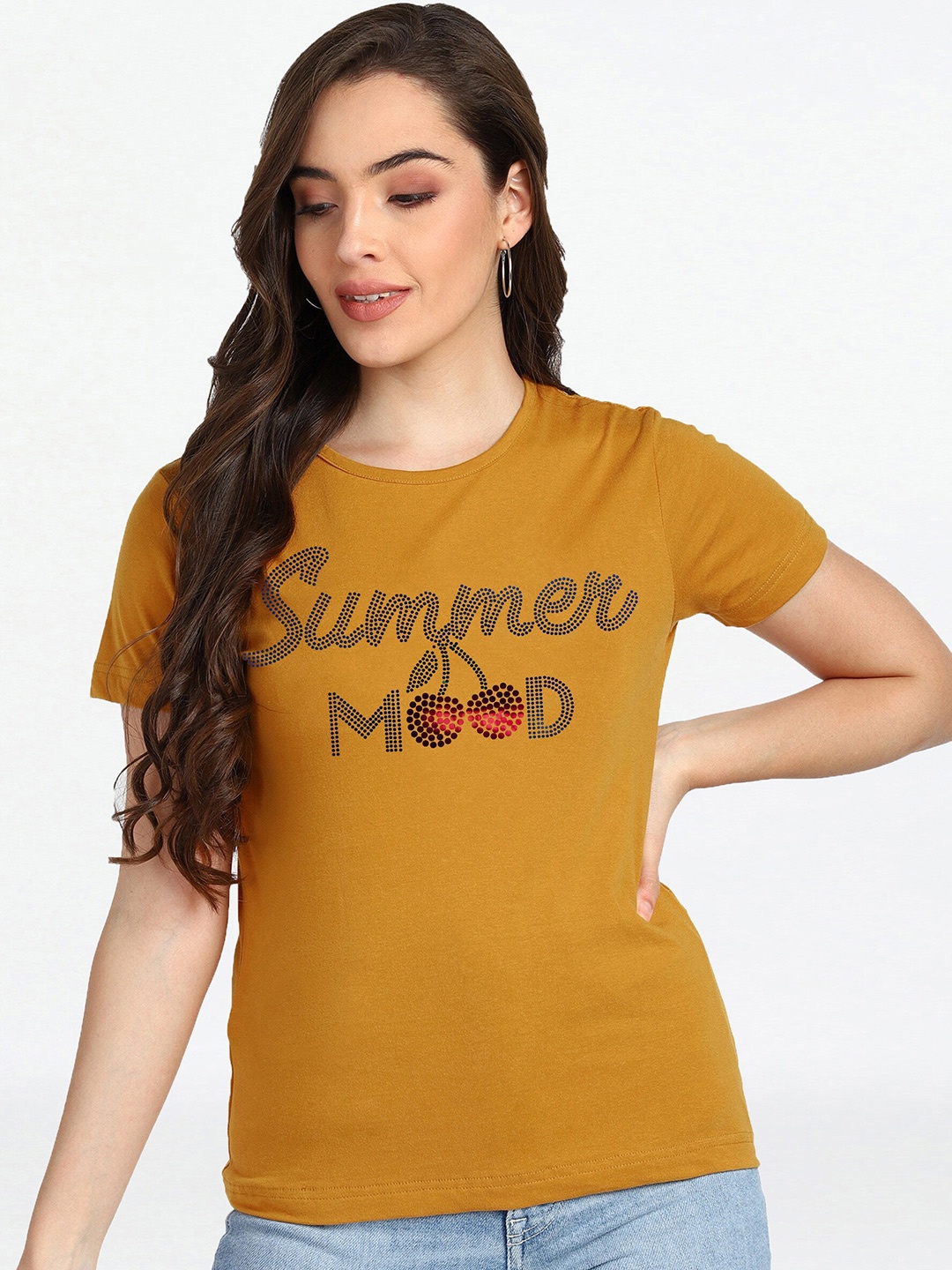 shashvi Women Mustard Yellow Typography Printed T-shirt