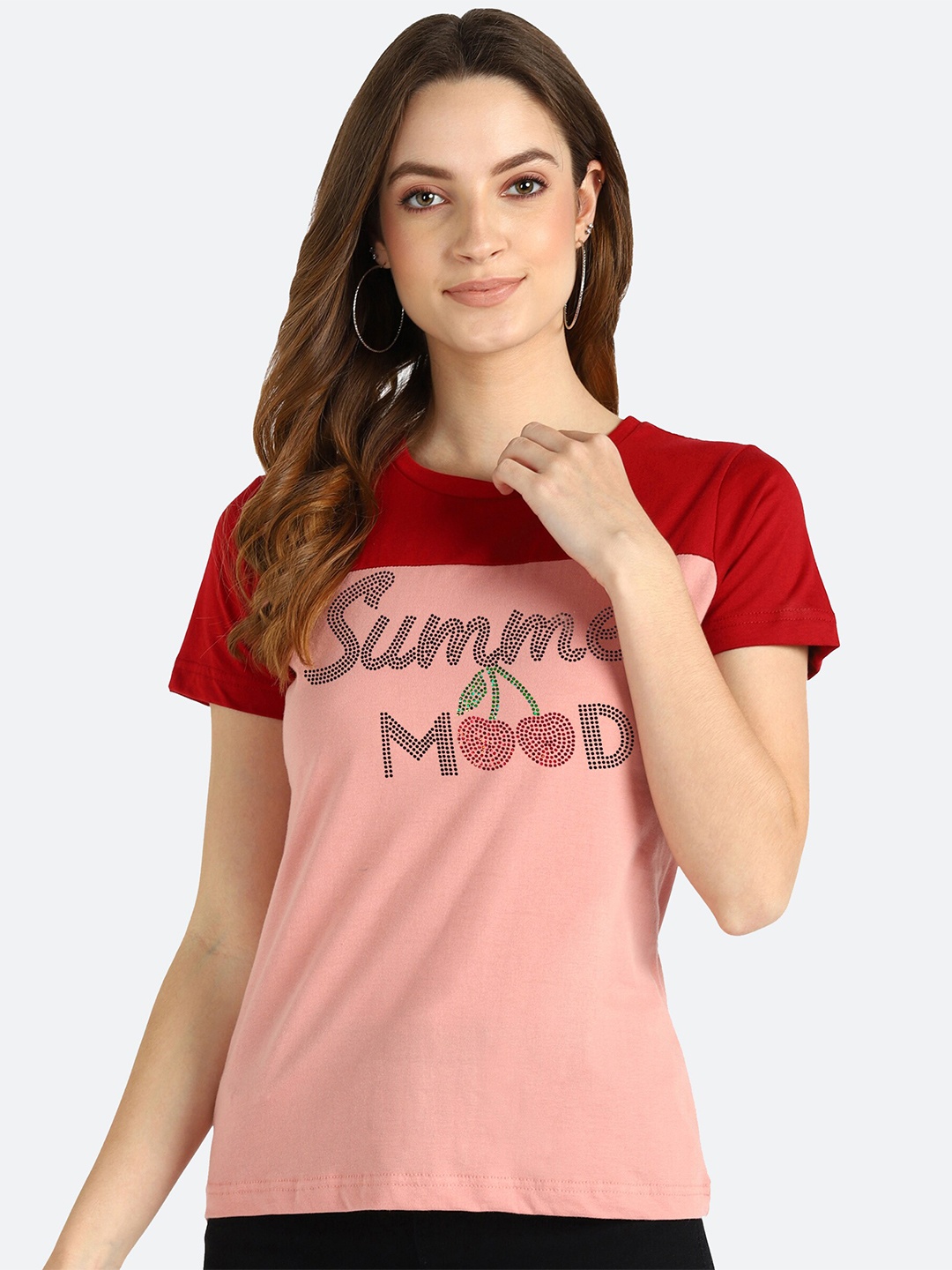 

Shashvi Women Peach-Coloured Typography Colourblocked T-shirt