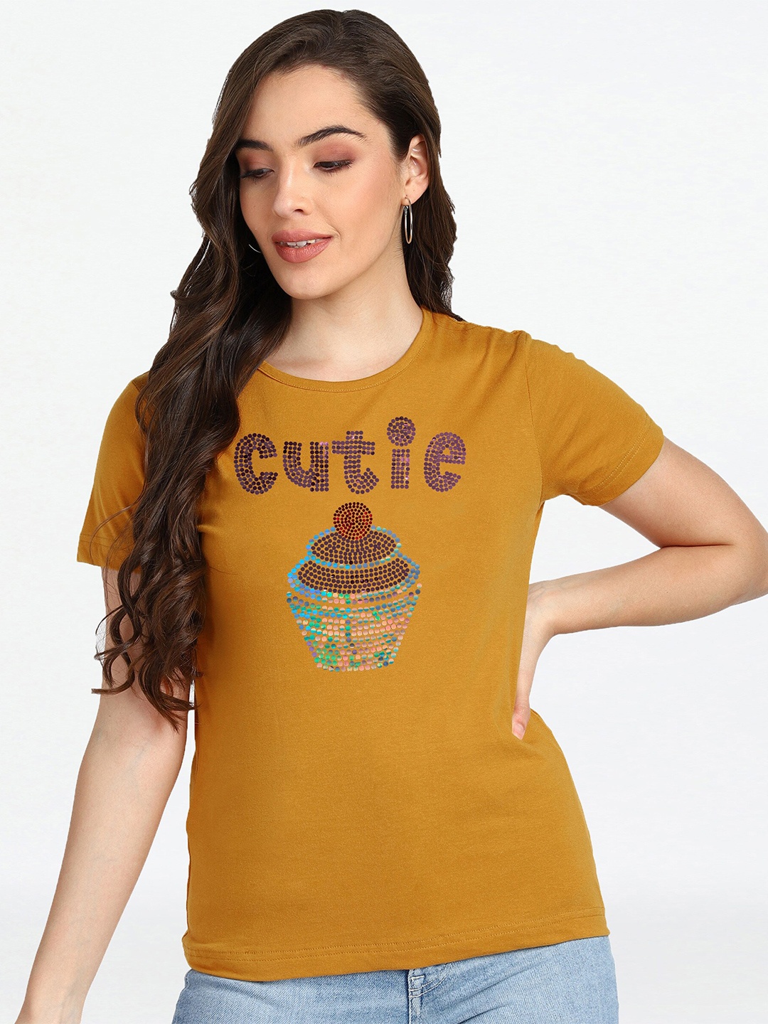

shashvi Women Mustard Yellow Typography Printed T-shirt