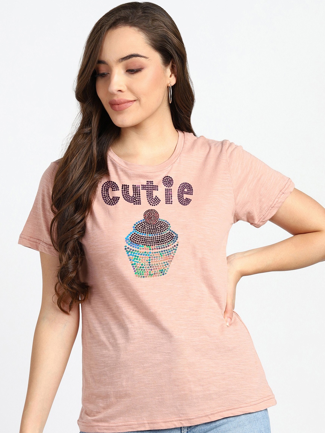 

shashvi Women Beige Typography Printed T-shirt