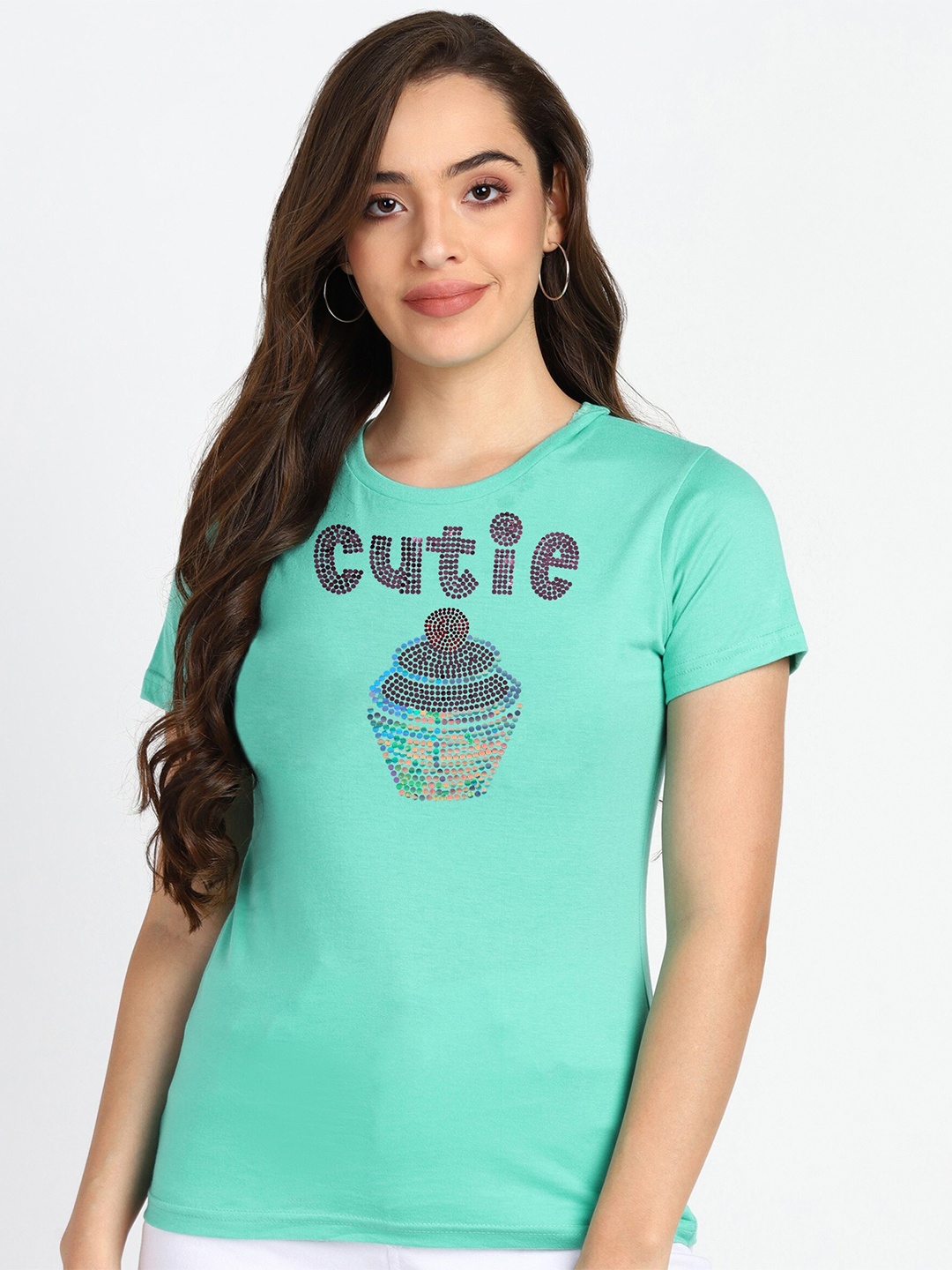

shashvi Women Sea Green Embellished Typography Printed T-shirt