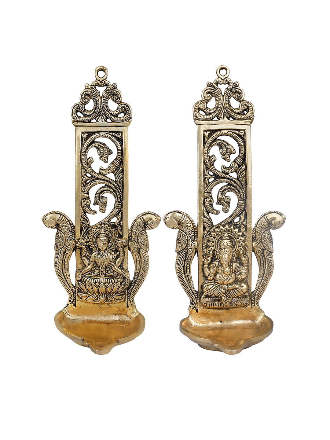 

Exotic India Gold-Toned Set of 2 Lakshmi Ganesha Wall Hanging Brass Parrot Lamps