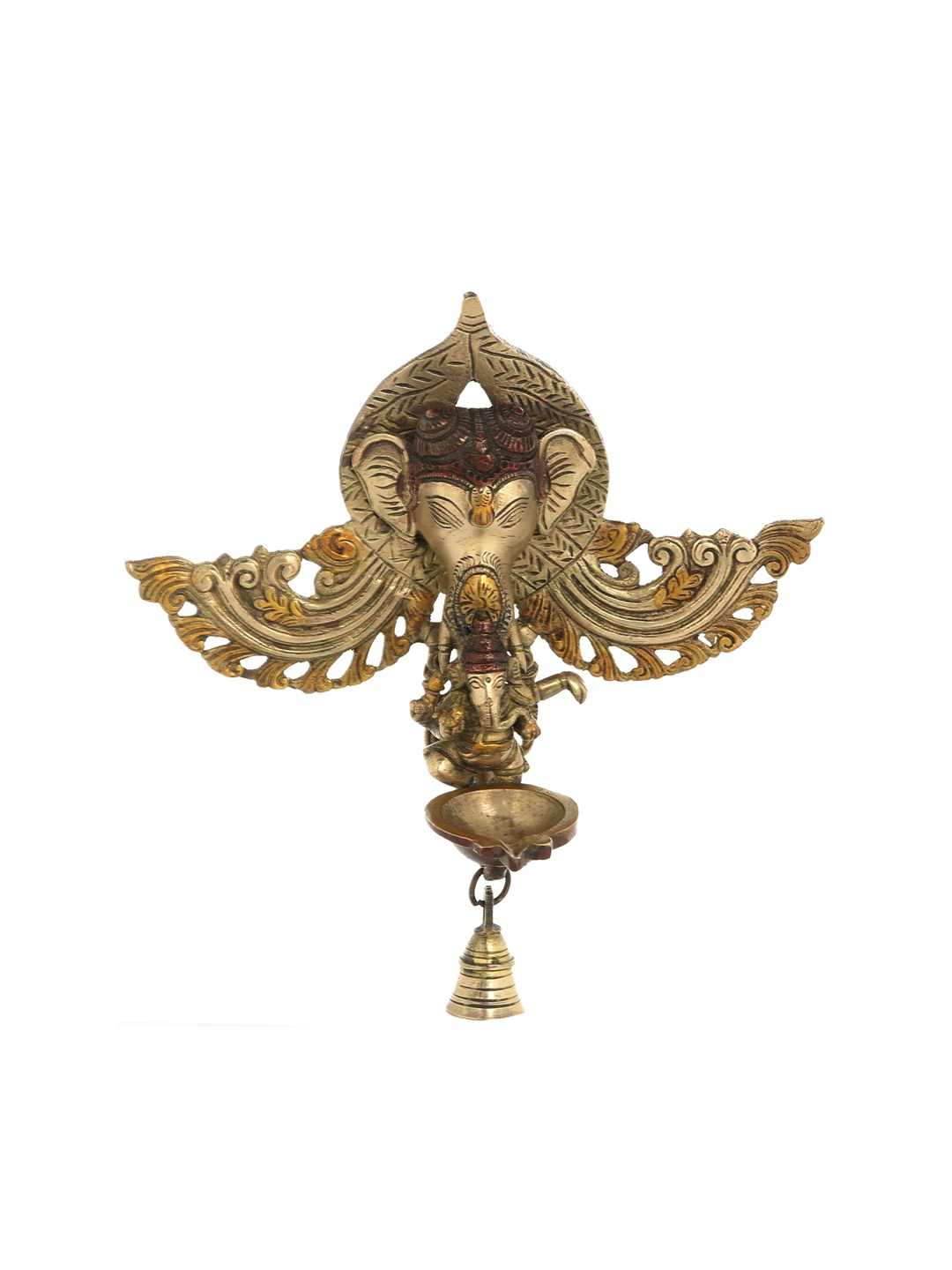 

Exotic India Ganesha Dancing Nestled in Trunk of Ganesha Lamp & Bell Wall-Hanging, Gold