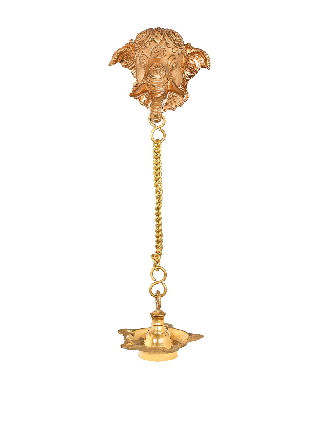

Exotic India 15" Ganesha Wall Hanging Mask with Hanging Lamp in Brass, Gold