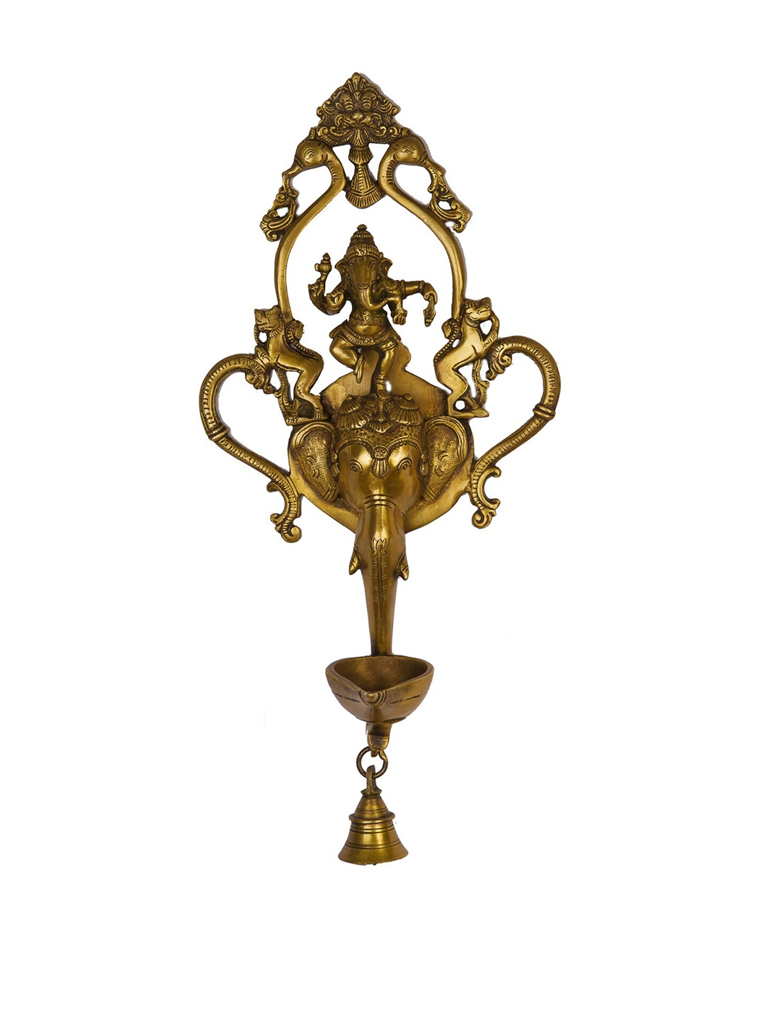 

Exotic India Gold-Toned Dancing Ganesha Crass Wall Hanging Lamp with Bell