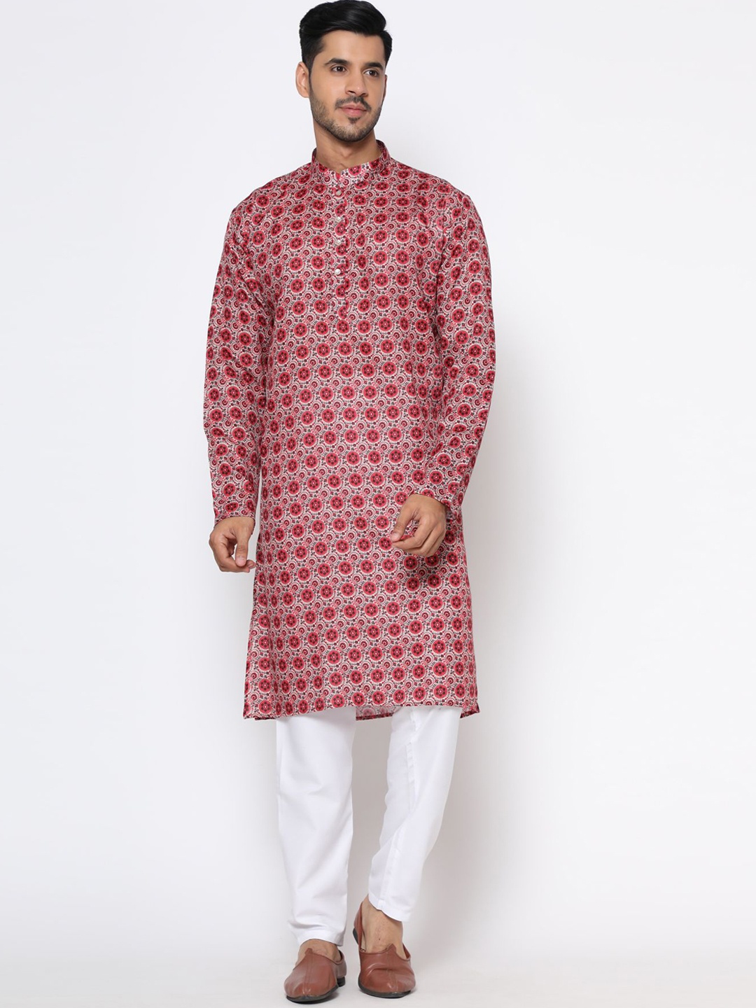 

PREMROOP- THE STYLE YOU LOVE Men Cream & Red Ethnic Motifs Printed Kurta