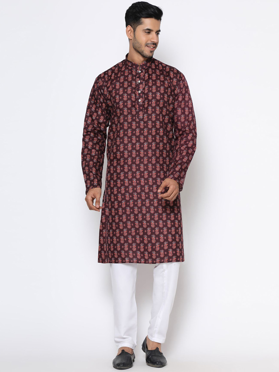 

PREMROOP- THE STYLE YOU LOVE Men Maroon Ethnic Motifs Printed Khadi Kurta