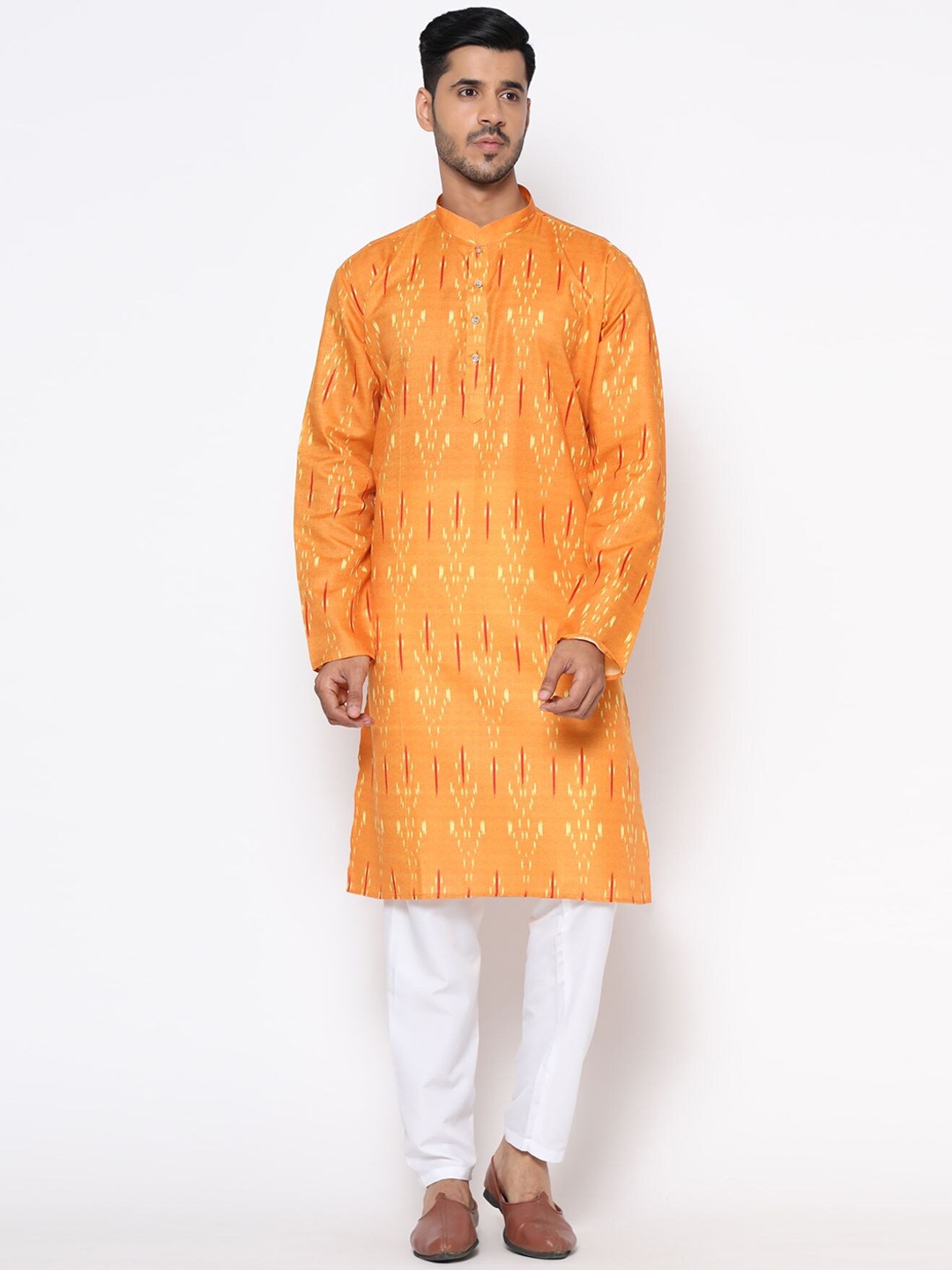 

PREMROOP- THE STYLE YOU LOVE Men Mustard Yellow Geometric Khadi Kurta