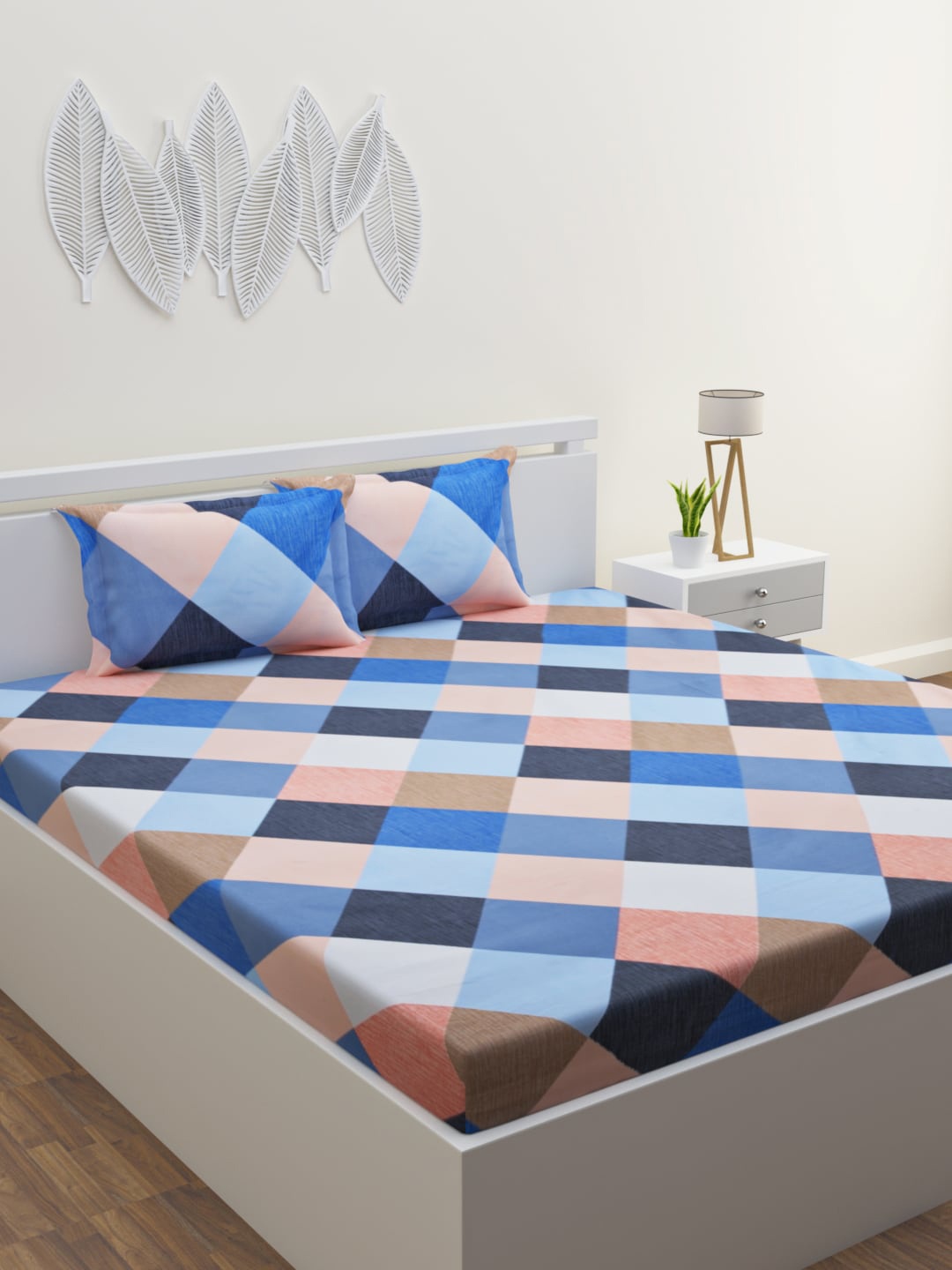 

HOME AFFAIRS Blue & Brown Geometric 160 TC Queen Bedsheet with 2 Pillow Covers