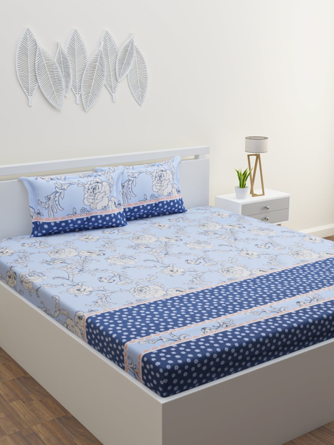 

HOME AFFAIRS Blue & Off White Floral 160 TC Queen Bedsheet with 2 Pillow Covers