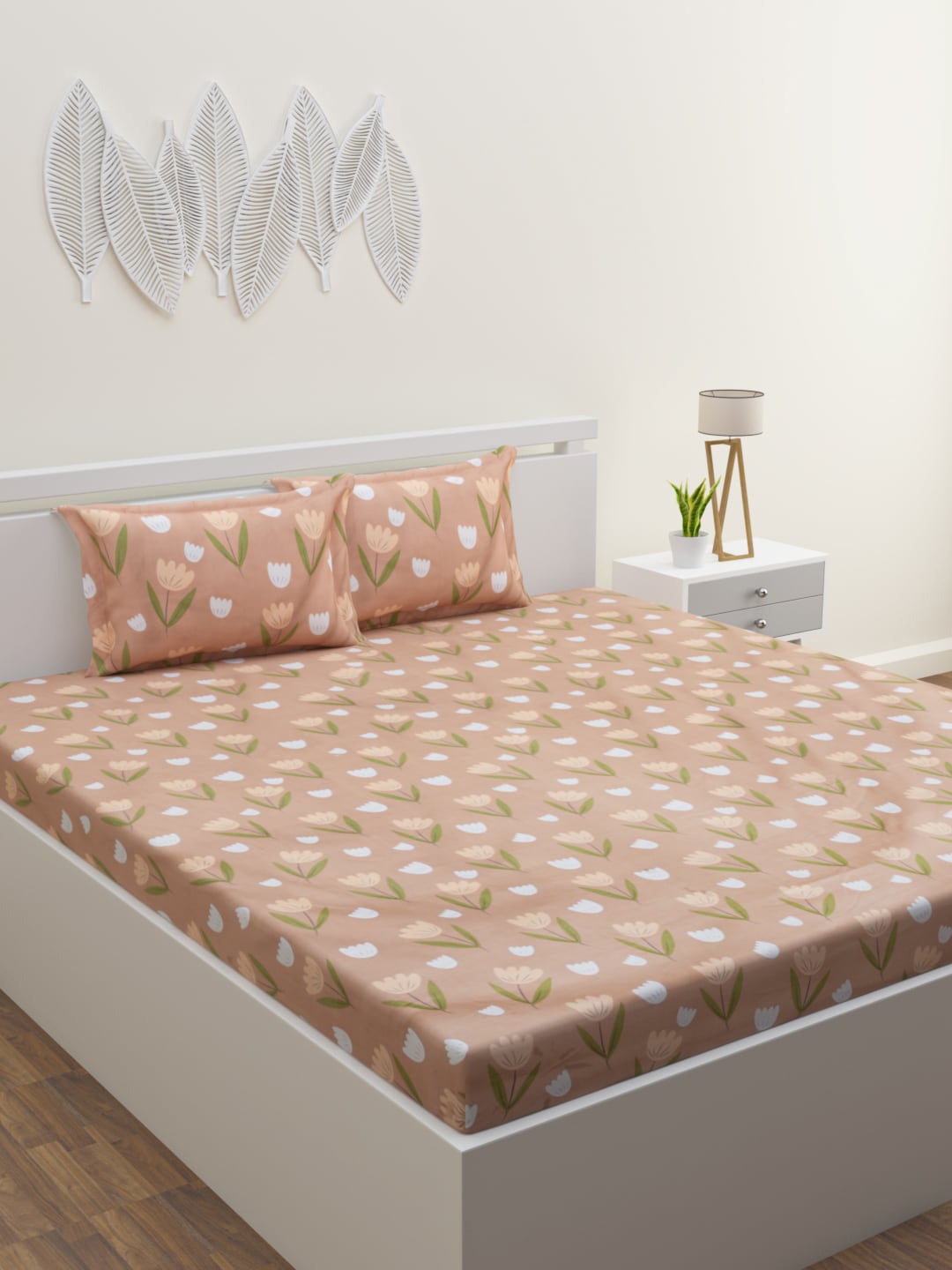 

HOME AFFAIRS Brown Floral 160 TC Queen Bedsheet with 2 Pillow Covers