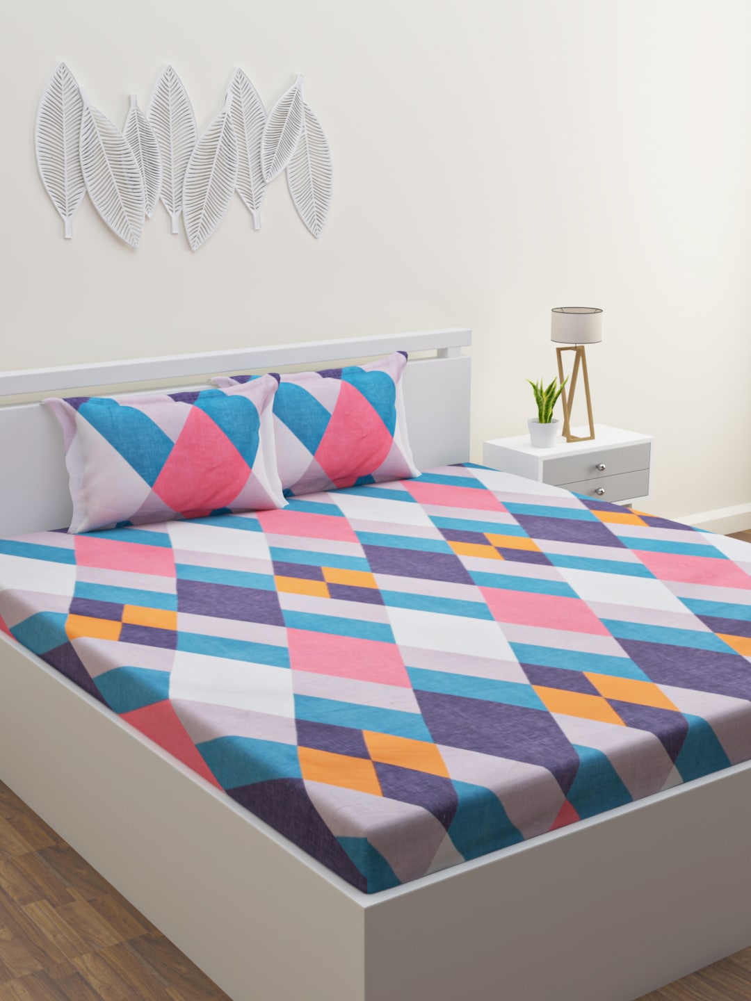 

HOME AFFAIRS Yellow & Blue Geometric 160 TC Queen Bedsheet with 2 Pillow Covers