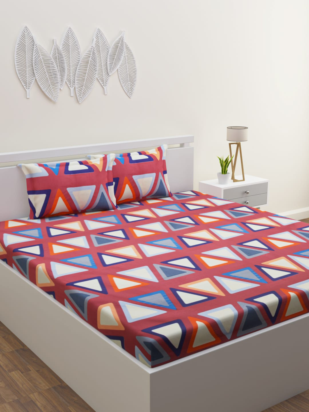 

HOME AFFAIRS Red & Blue Geometric 160 TC Queen Bedsheet with 2 Pillow Covers