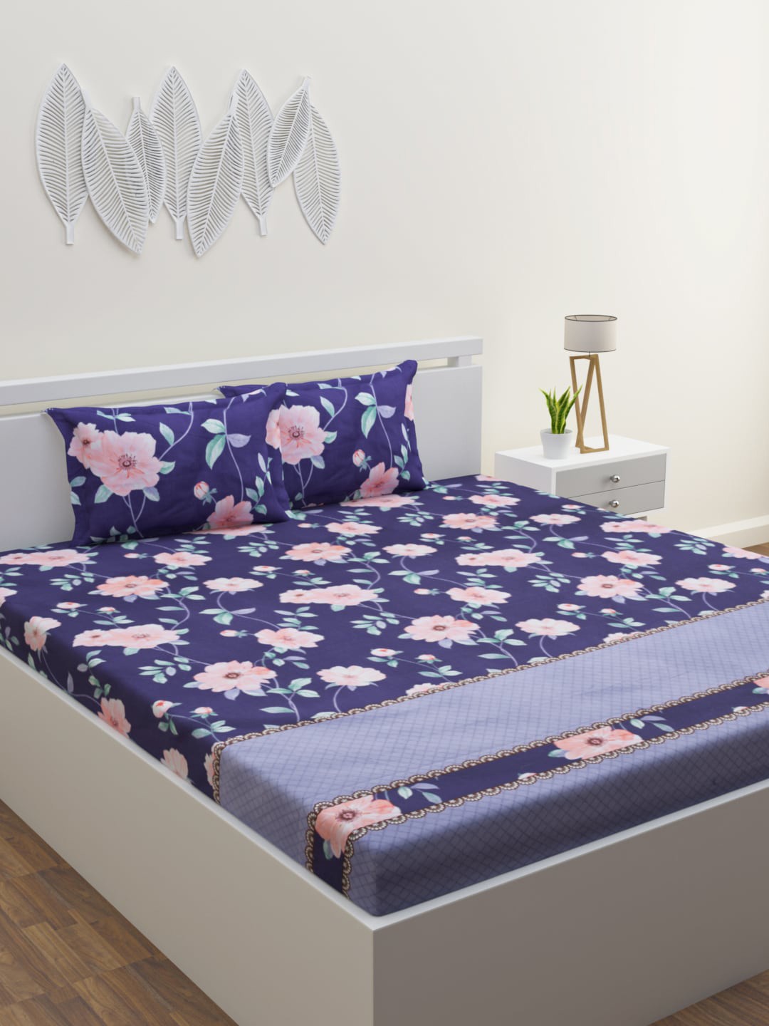 

HOME AFFAIRS Navy Blue & White Floral 160 TC Queen Bedsheet with 2 Pillow Covers