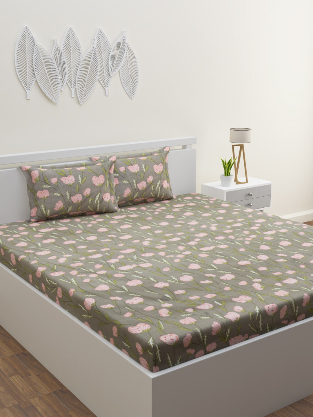 

HOME AFFAIRS Peach-Coloured & Green Floral 160 TC Queen Bedsheet with 2 Pillow Covers
