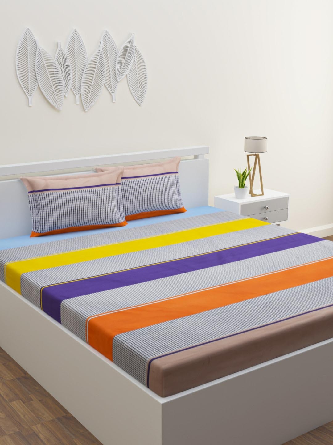 

HOME AFFAIRS Orange & Yellow Striped 160 TC Queen Bedsheet with 2 Pillow Covers