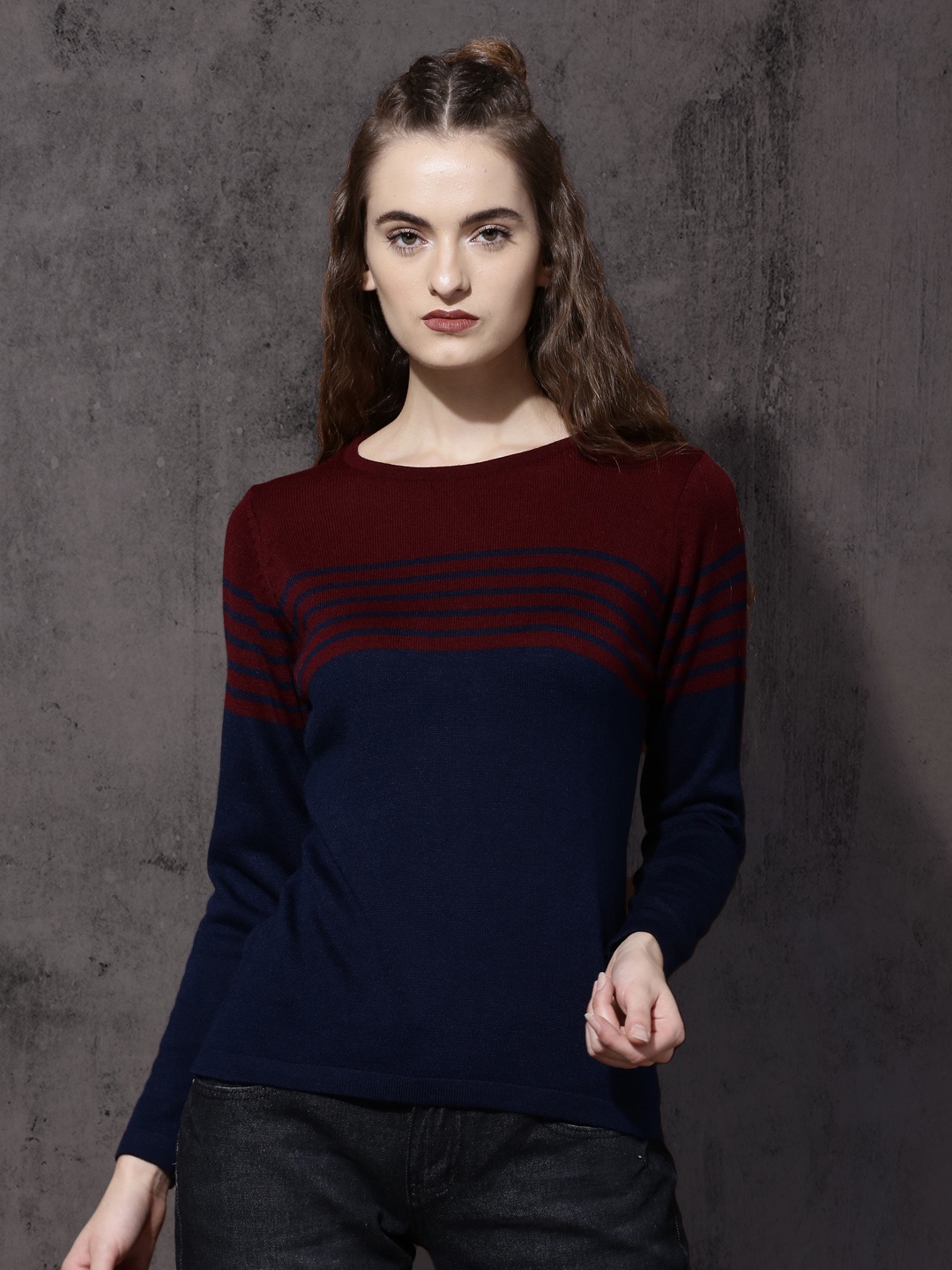 

Roadster Women Maroon & Navy Colourblocked Pullover