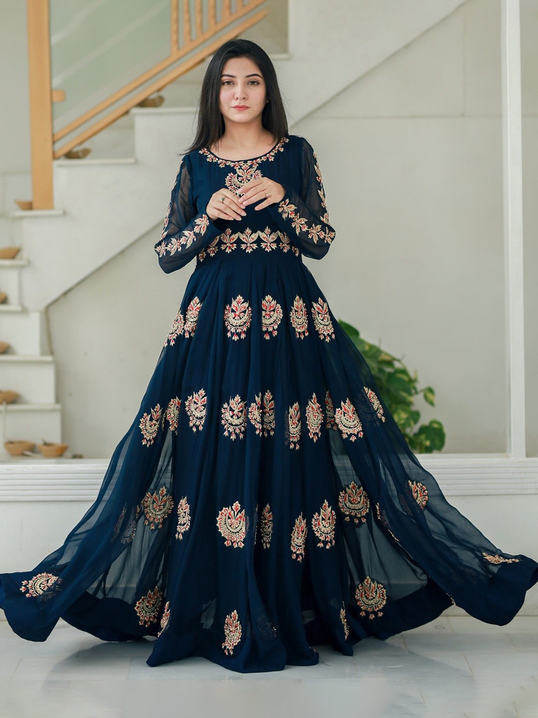 

Fashionuma Women Navy Blue & Gold-Toned Embroidered Semi-Stitched Dress Material