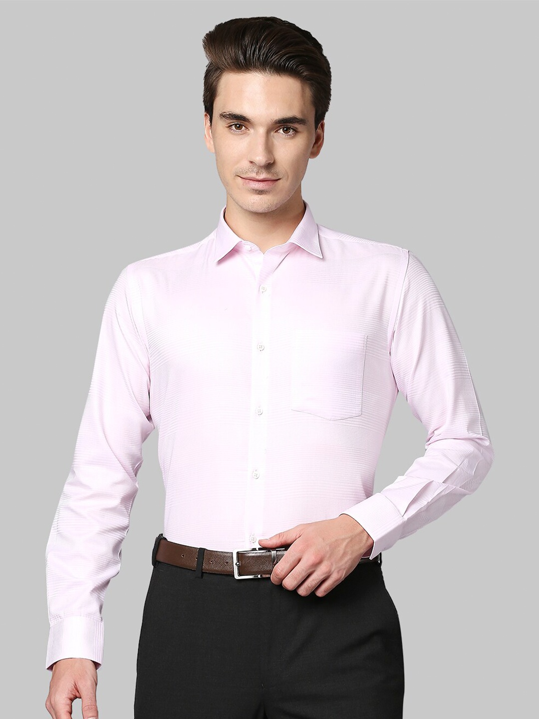 

Park Avenue Men Pink Slim Fit Horizontal Stripes Opaque Striped Formal Shirt