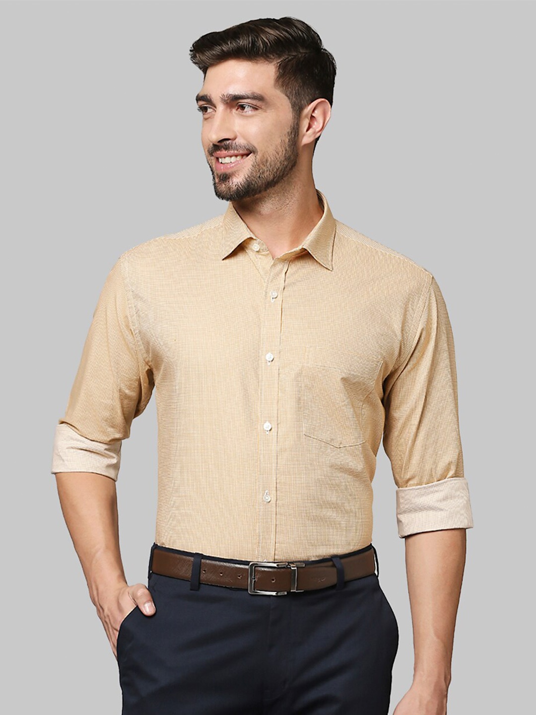 

Park Avenue Men Yellow Slim Fit Micro Checks Checked Formal Shirt