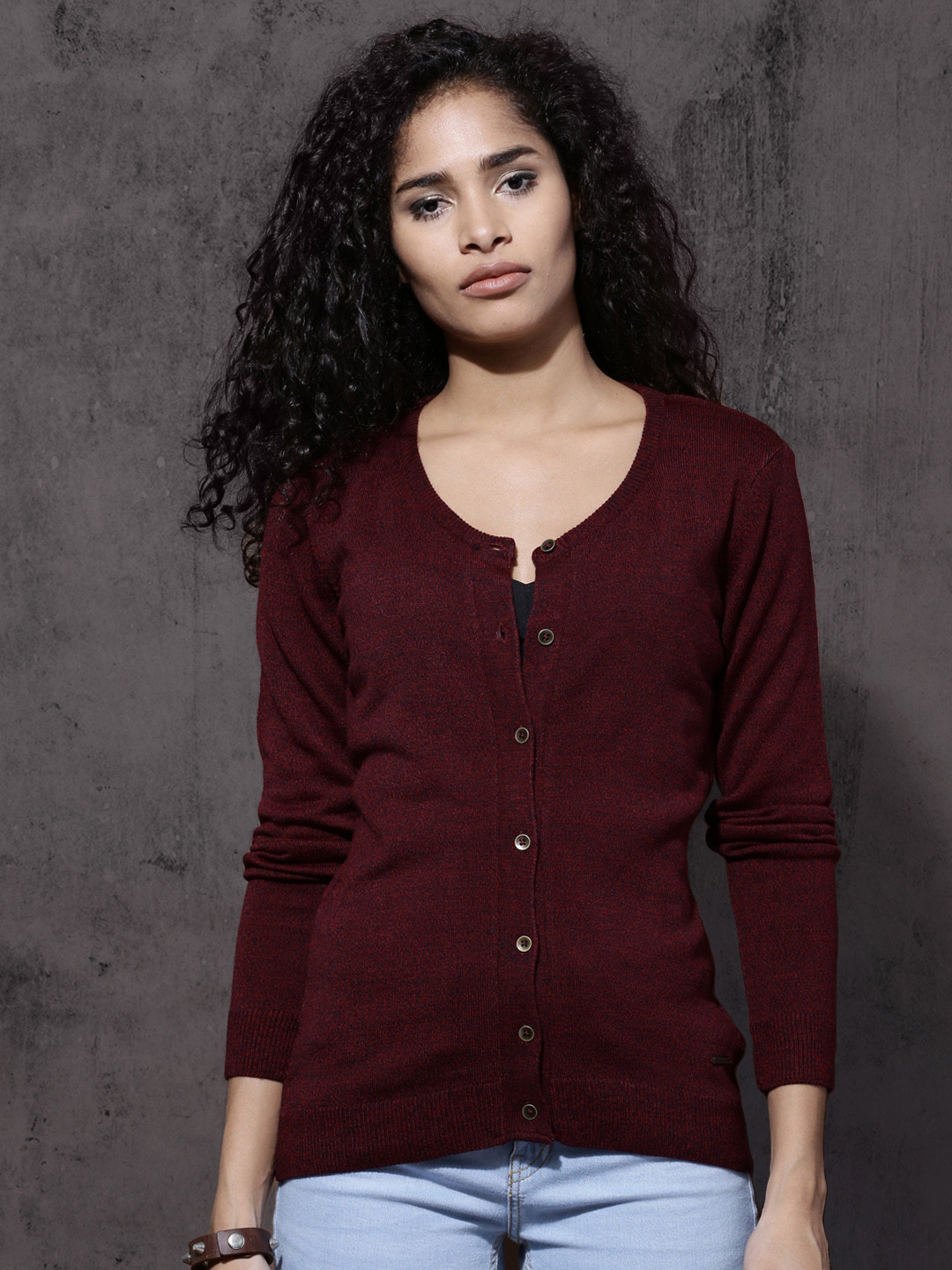 

Roadster Women Maroon Self Design Cardigan