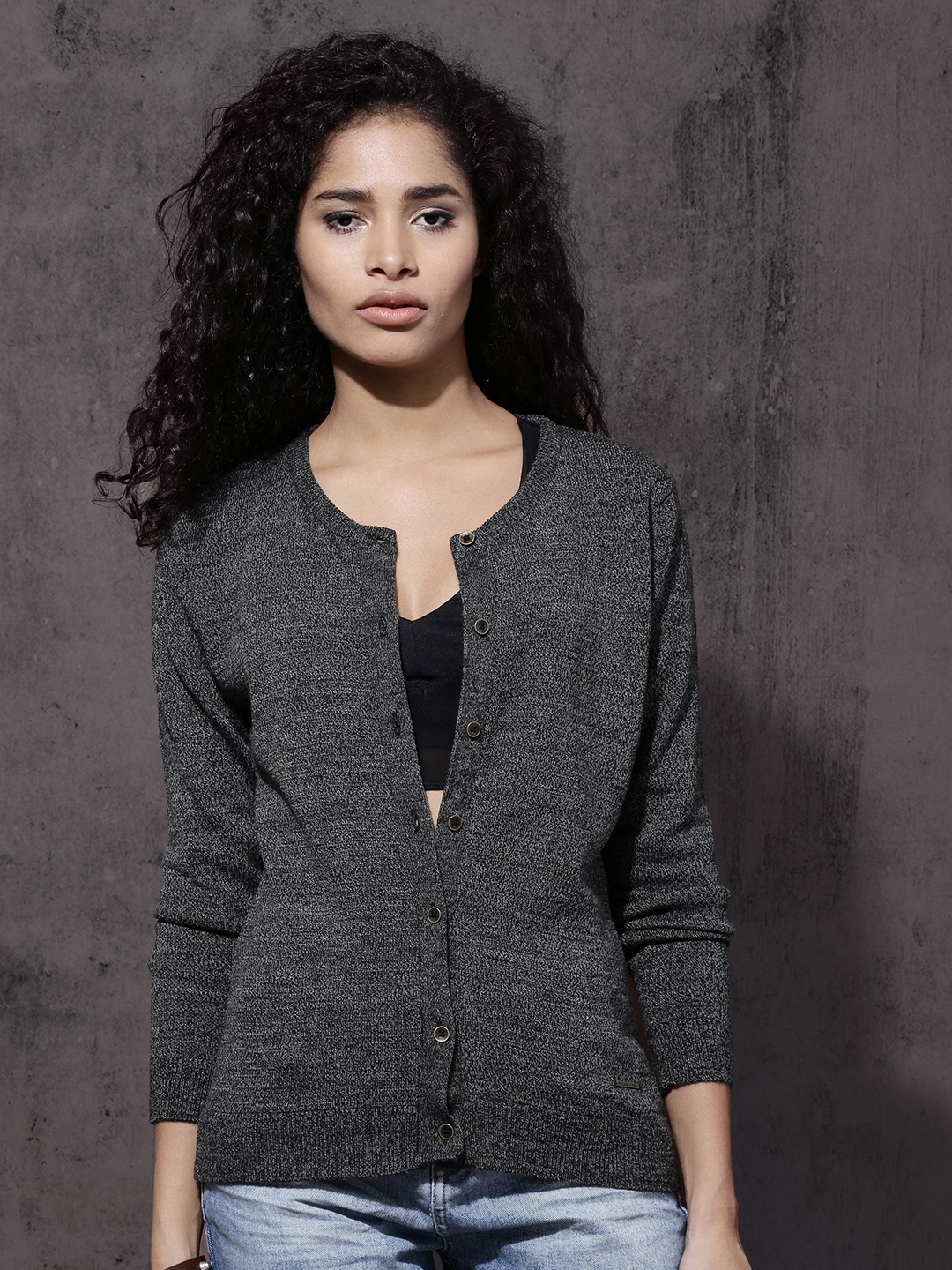 

Roadster Women Charcoal Grey Self-Design Cardigan Sweater