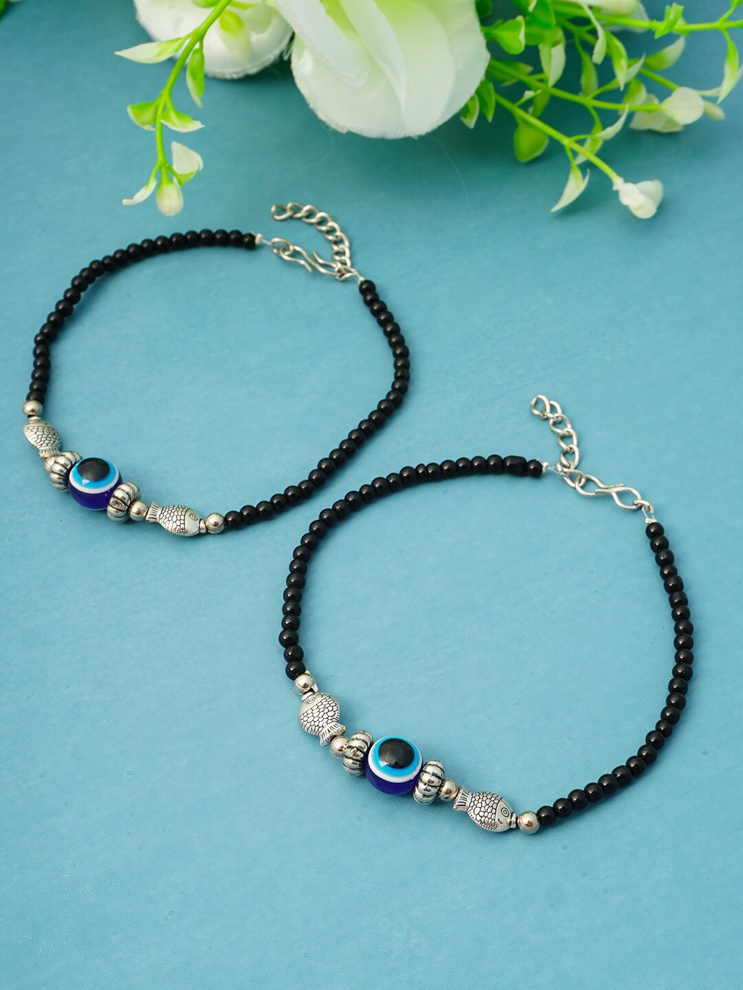 

Urmika Silver-Toned Fish Beaded Evil Eye Anklet