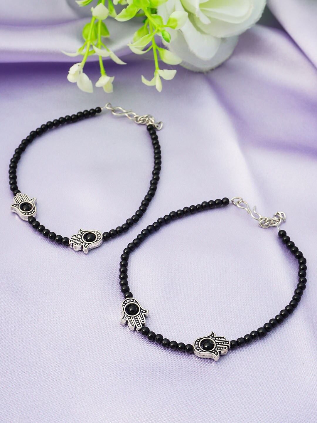 

Urmika Set Of 2 Black Beaded Evil Eye Anklet