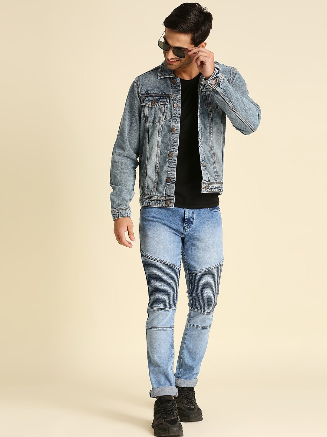 

High Star Men Blue Washed Crop Denim Jacket with Patchwork