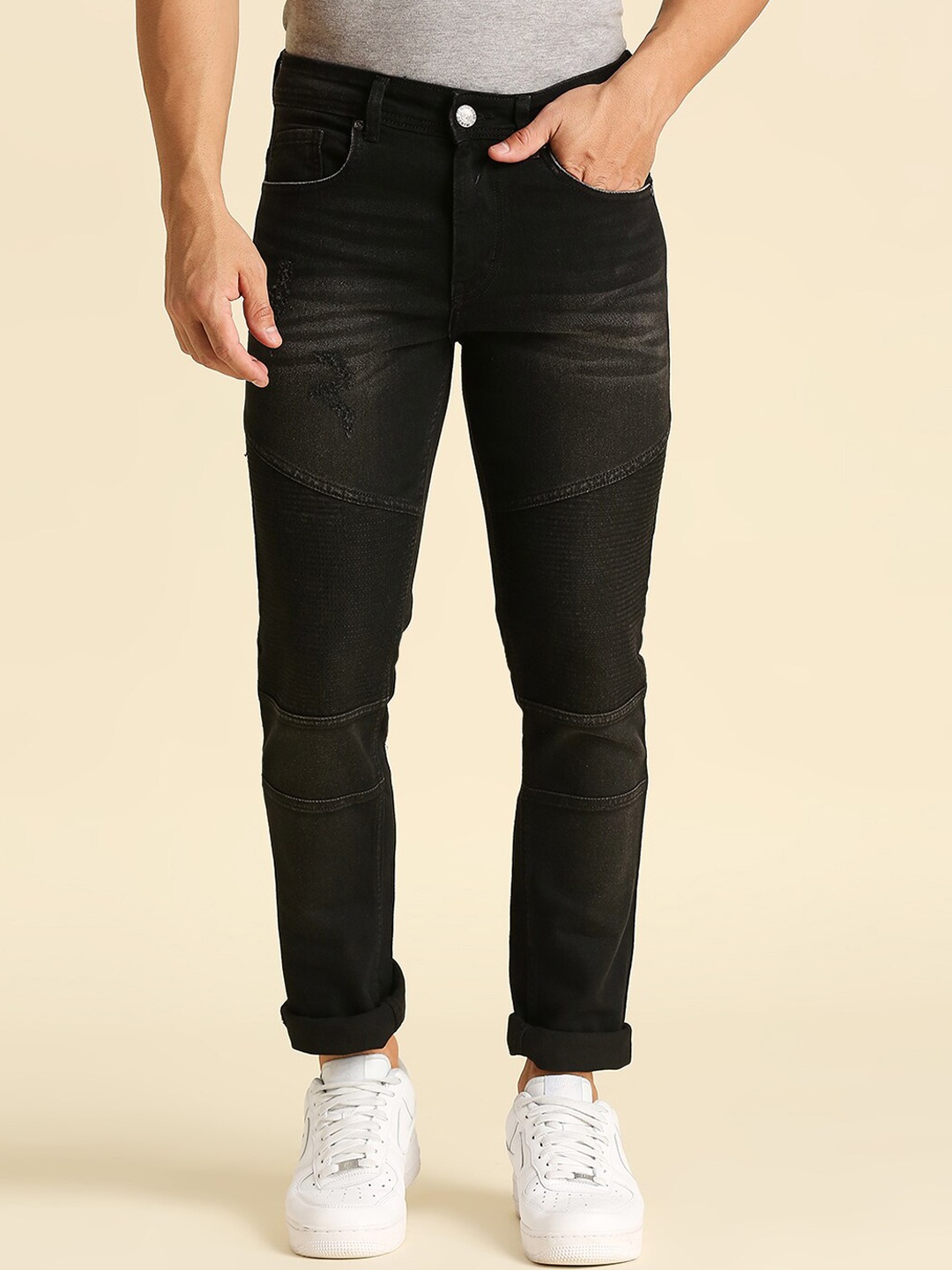 

High Star Men Black Slim Fit Low Distress Light Fade Stretchable Jeans