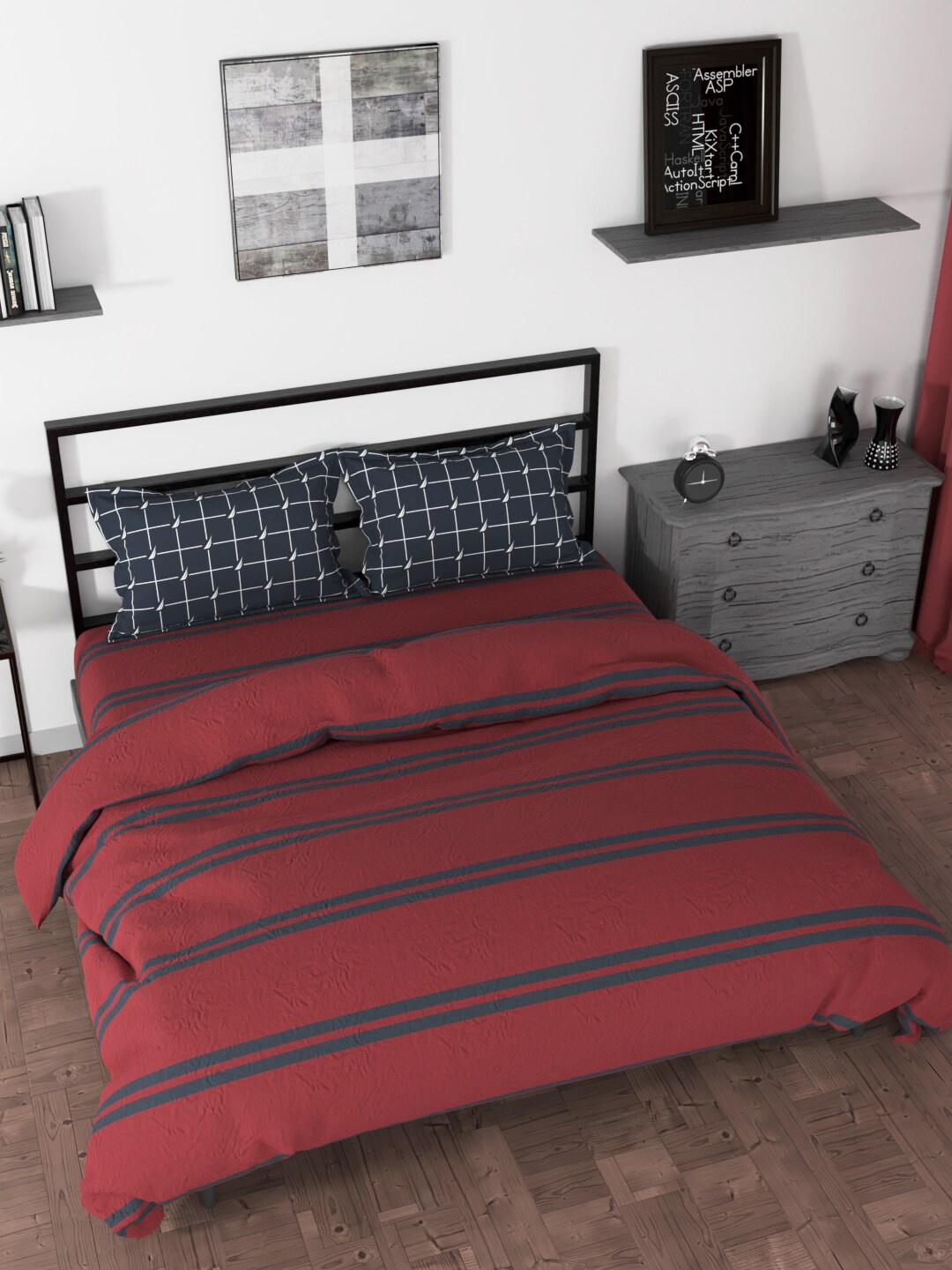 

Nautica Red Striped 100% Cotton Double King Bedding Set With Comforter And 2 Pillow Cover