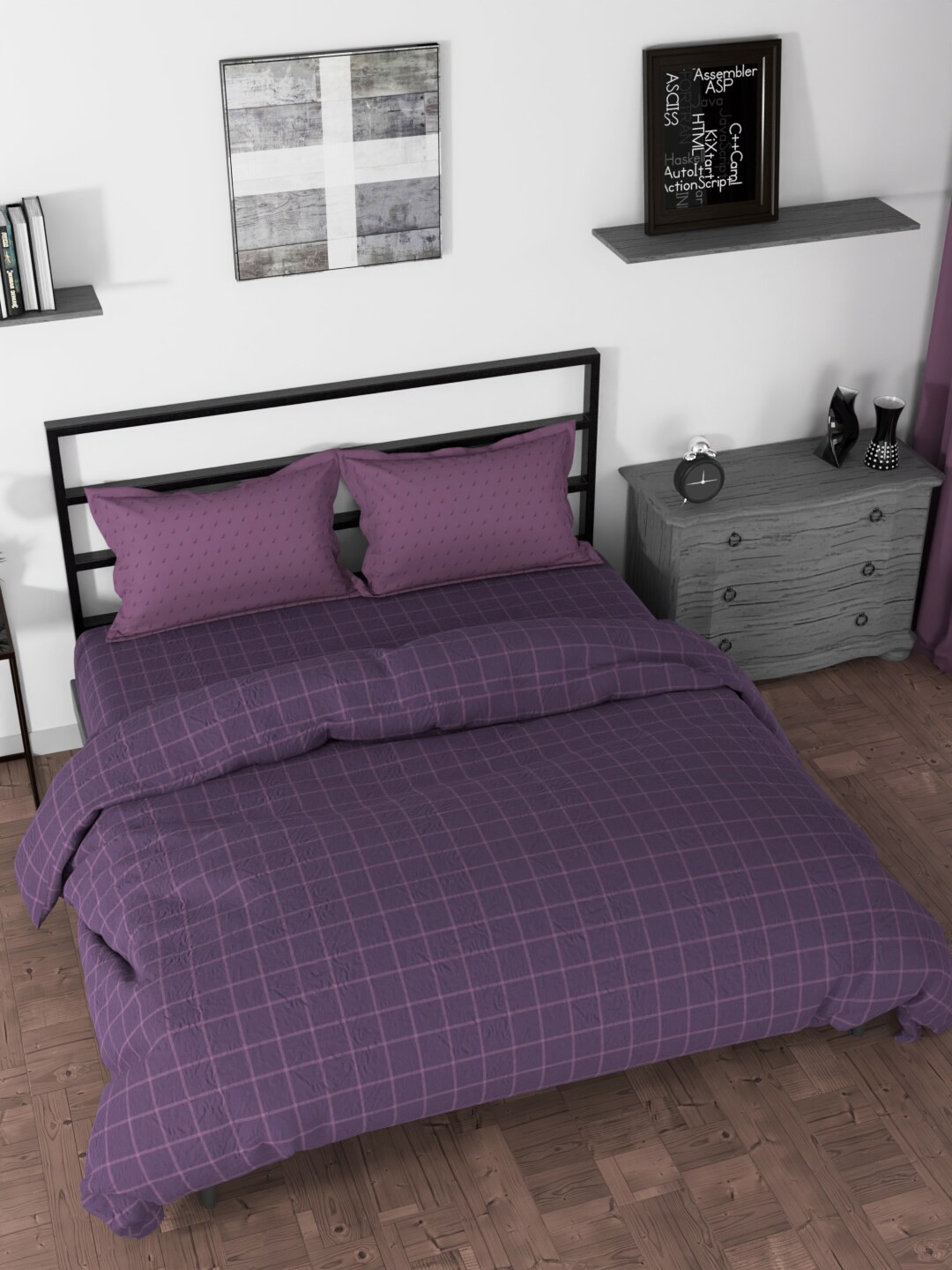 

Nautica Purple Checked Cotton Double King Bedding Set With Comforter And 2 Pillow Covers