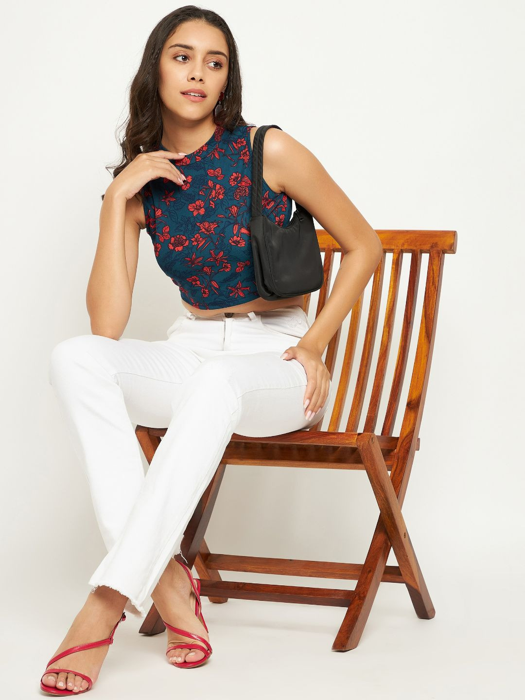 

Uptownie Lite Women Navy Blue Floral Print Stretchable High Neck Sleeveless Crop Top