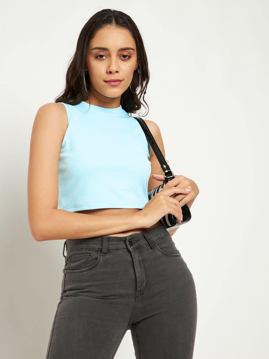 

Uptownie Lite Stretchable High Neck Sleeveless Crop Top, Blue