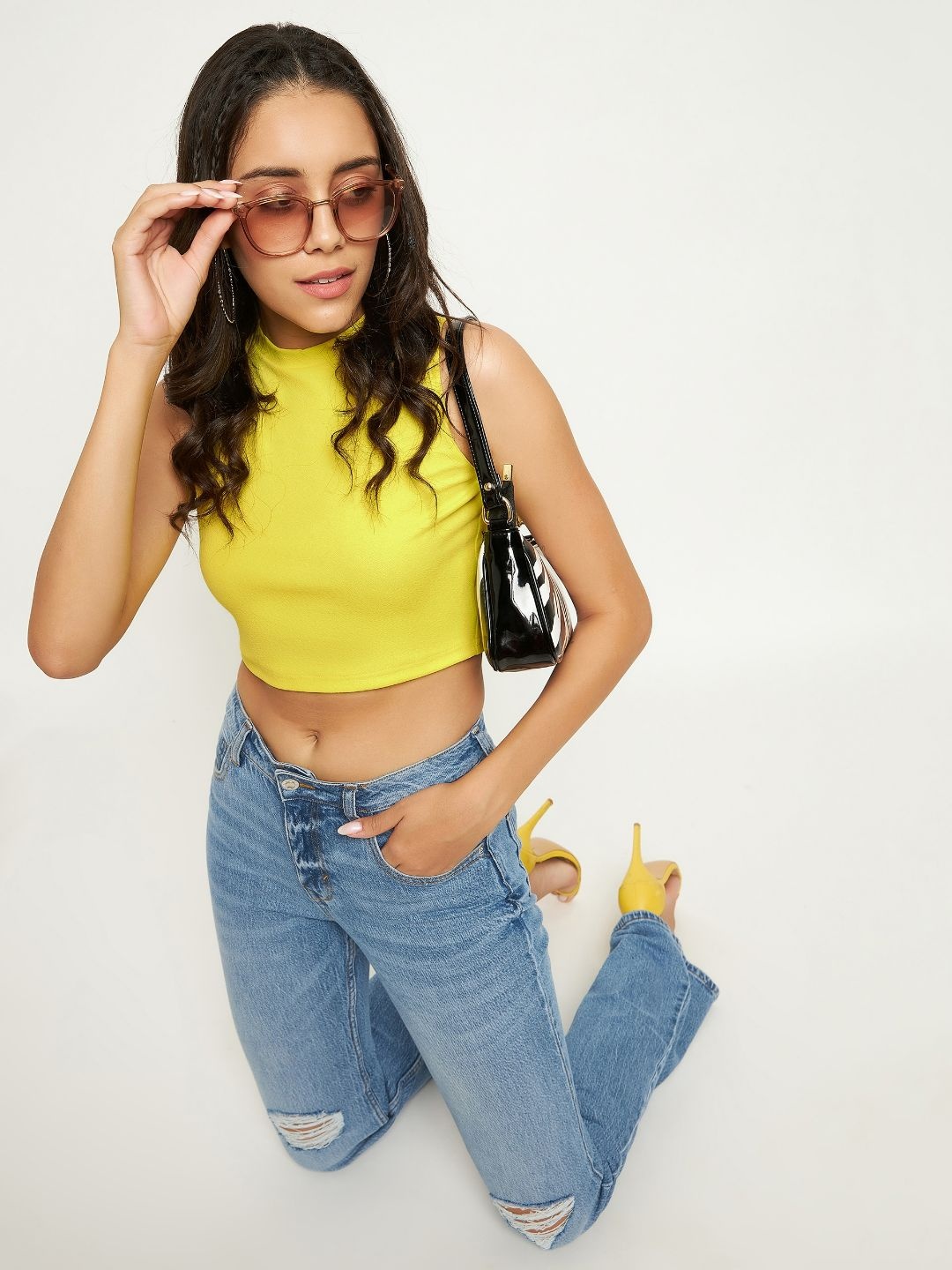 

Uptownie Lite Women Stretchable High Neck Crop Top, Yellow