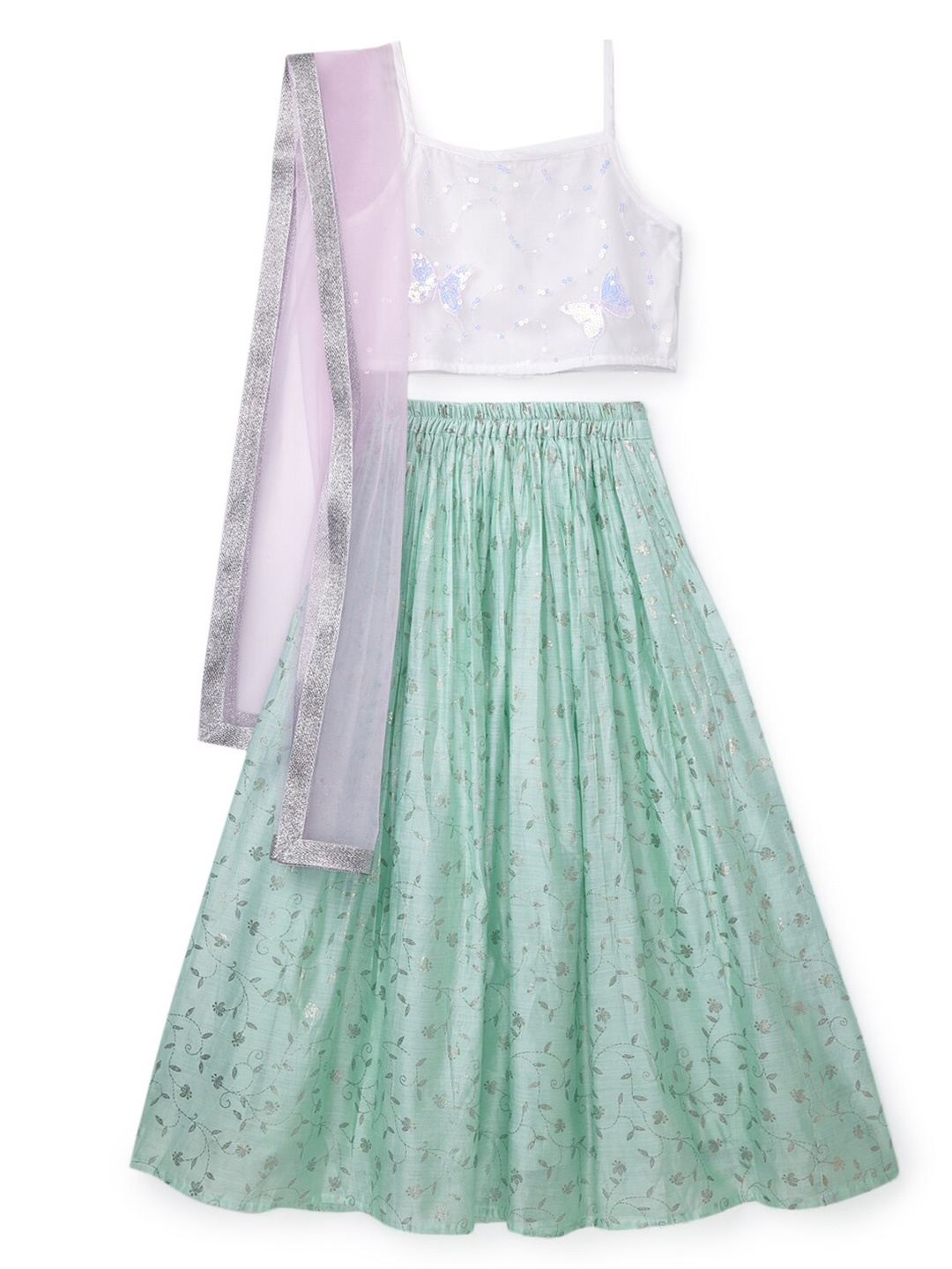 

HERE&NOW Girls White & Green Embellished Ready to Wear Lehenga & Blouse With Dupatta