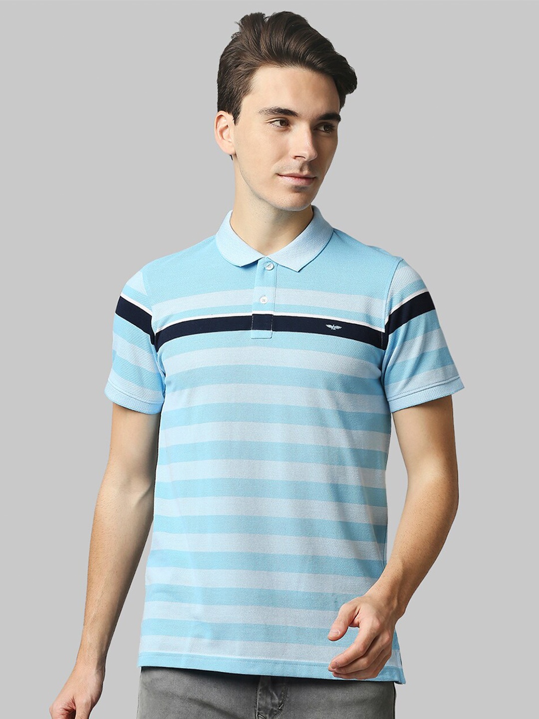 

Park Avenue Men Blue & White Striped Polo Collar Slim Fit T-shirt