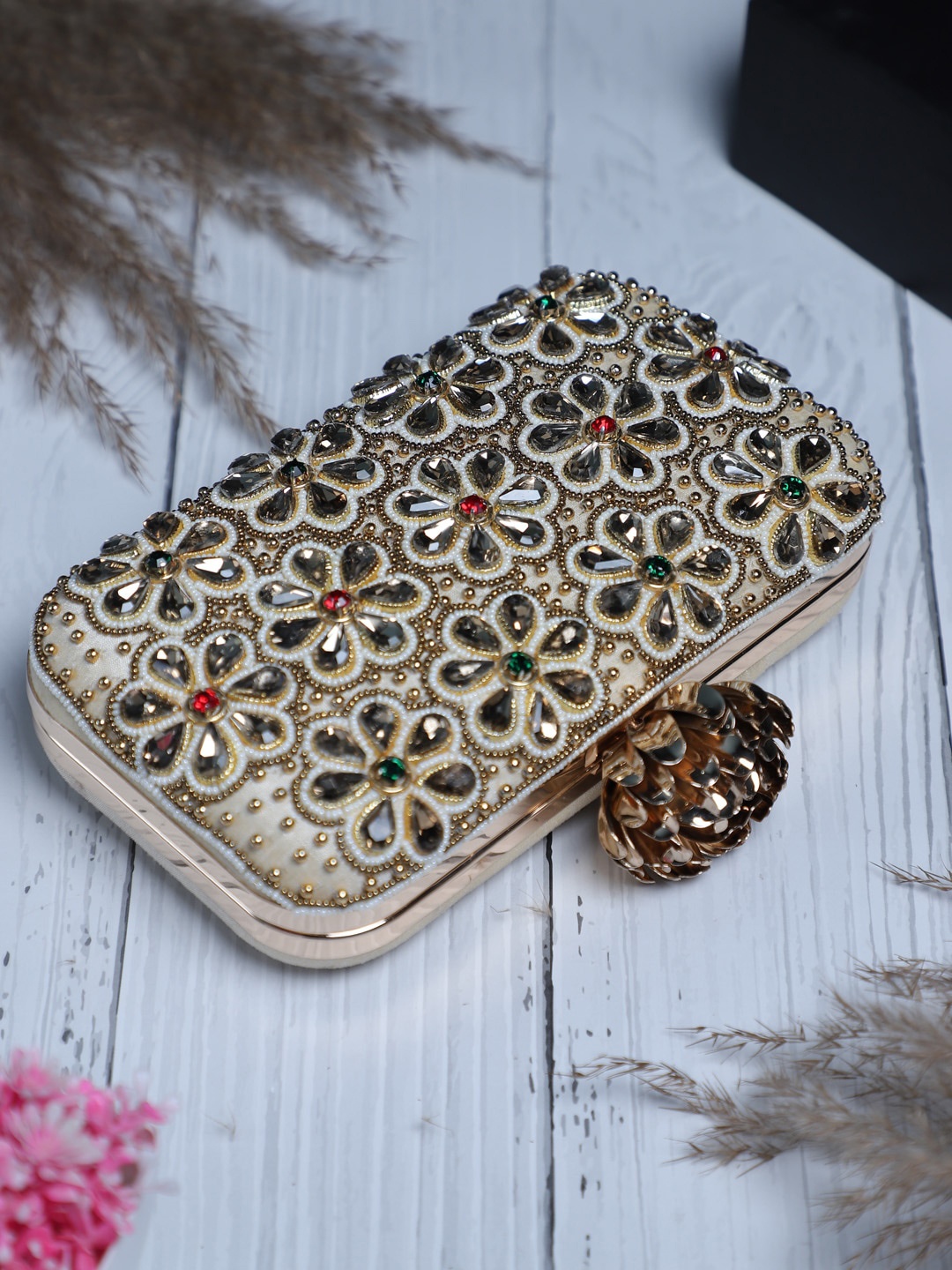 

Swisni Women Gold-Toned & Orange Embroidered Purse Clutch