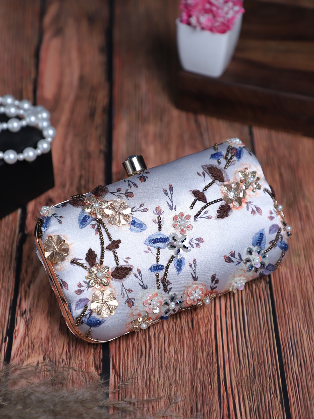 

Swisni Peach-Coloured & Blue Embroidered Box Clutch