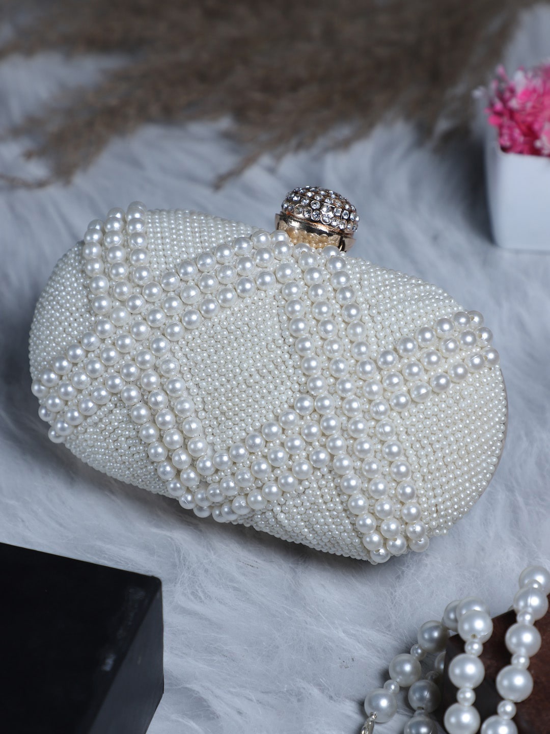 

Swisni White Pearls Embellished Purse Clutch