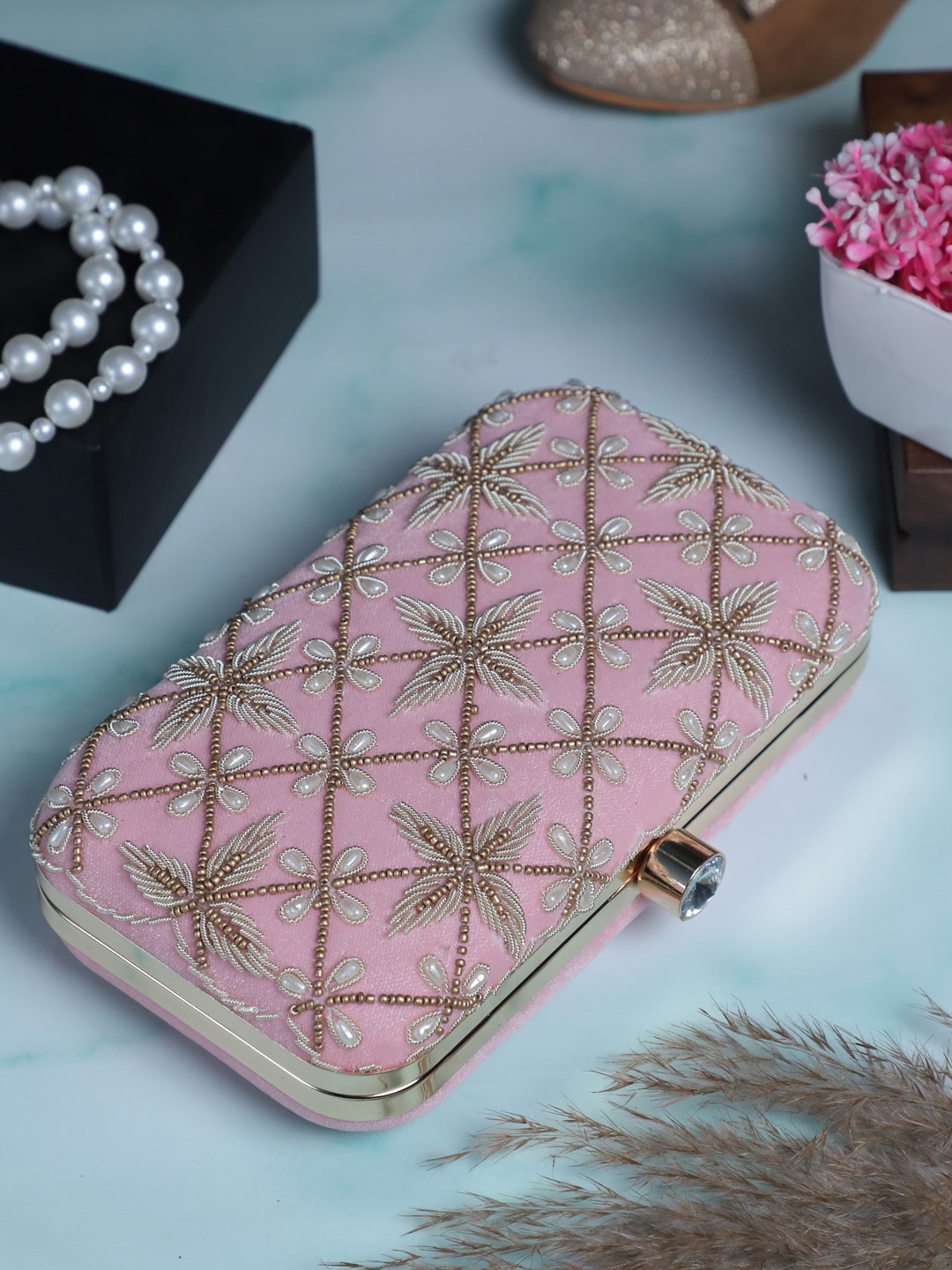 

Swisni Pink & Gold-Toned Embroidered Purse Clutch