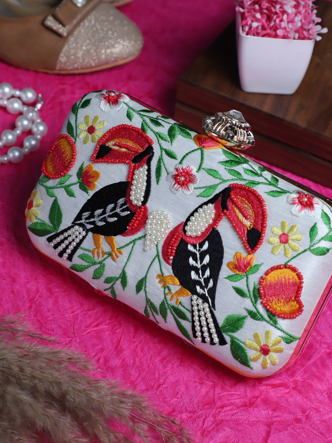 

Swisni Women Multicolor Thread Embroidered Designer Clutch, White