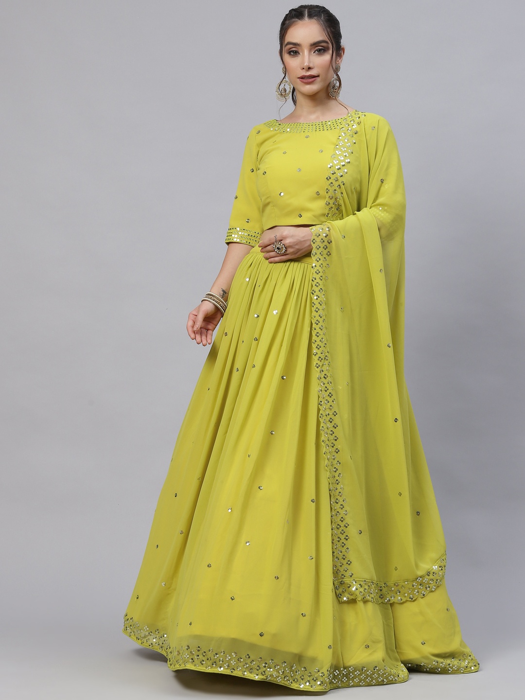 

SHUBHKALA Lime Green Embellished Sequinned Semi-Stitched Lehenga & Unstitched Blouse With Dupatta