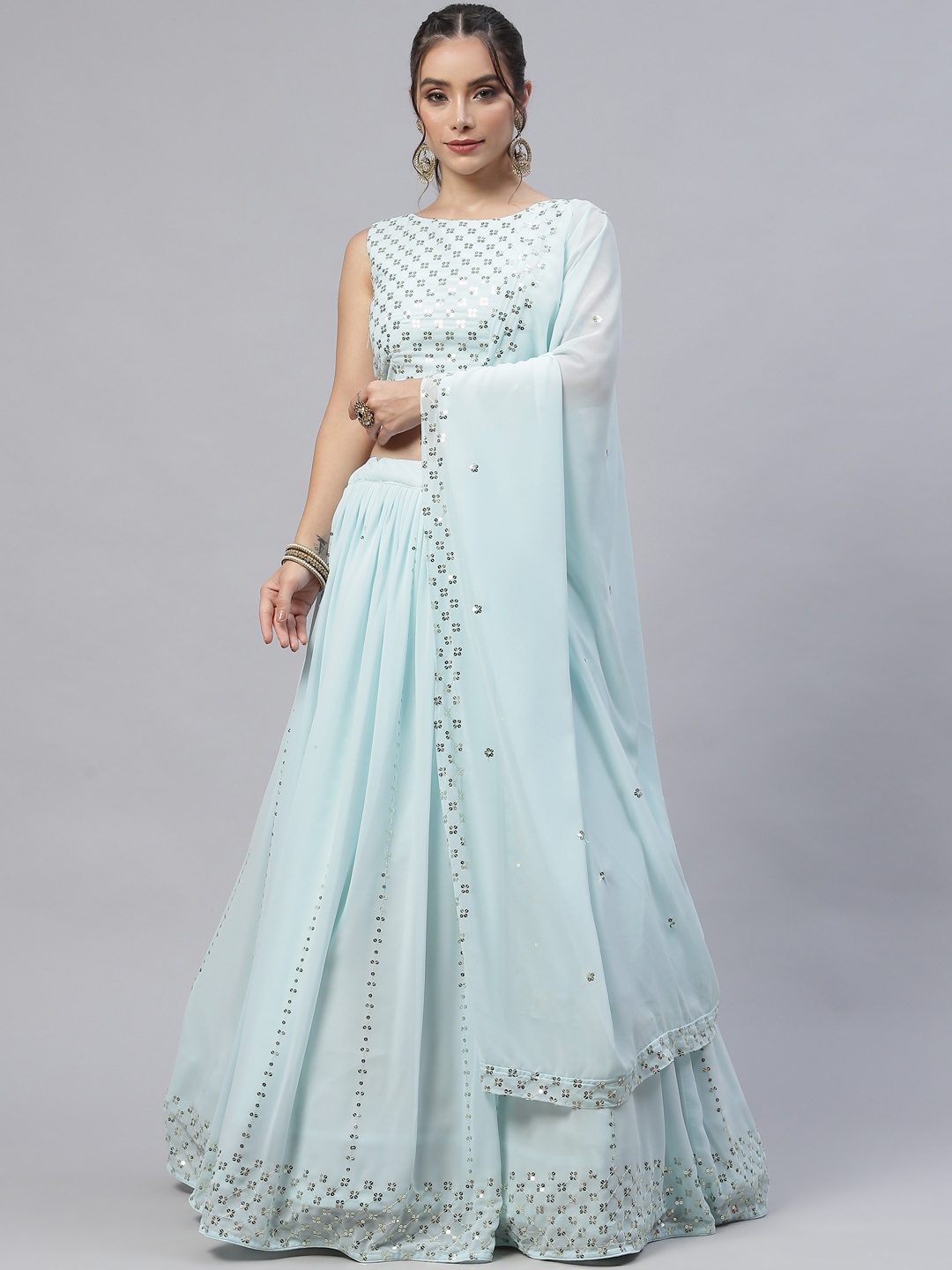 

SHUBHKALA Blue Embellished Sequinned Semi-Stitched Lehenga & Unstitched Blouse With Dupatta