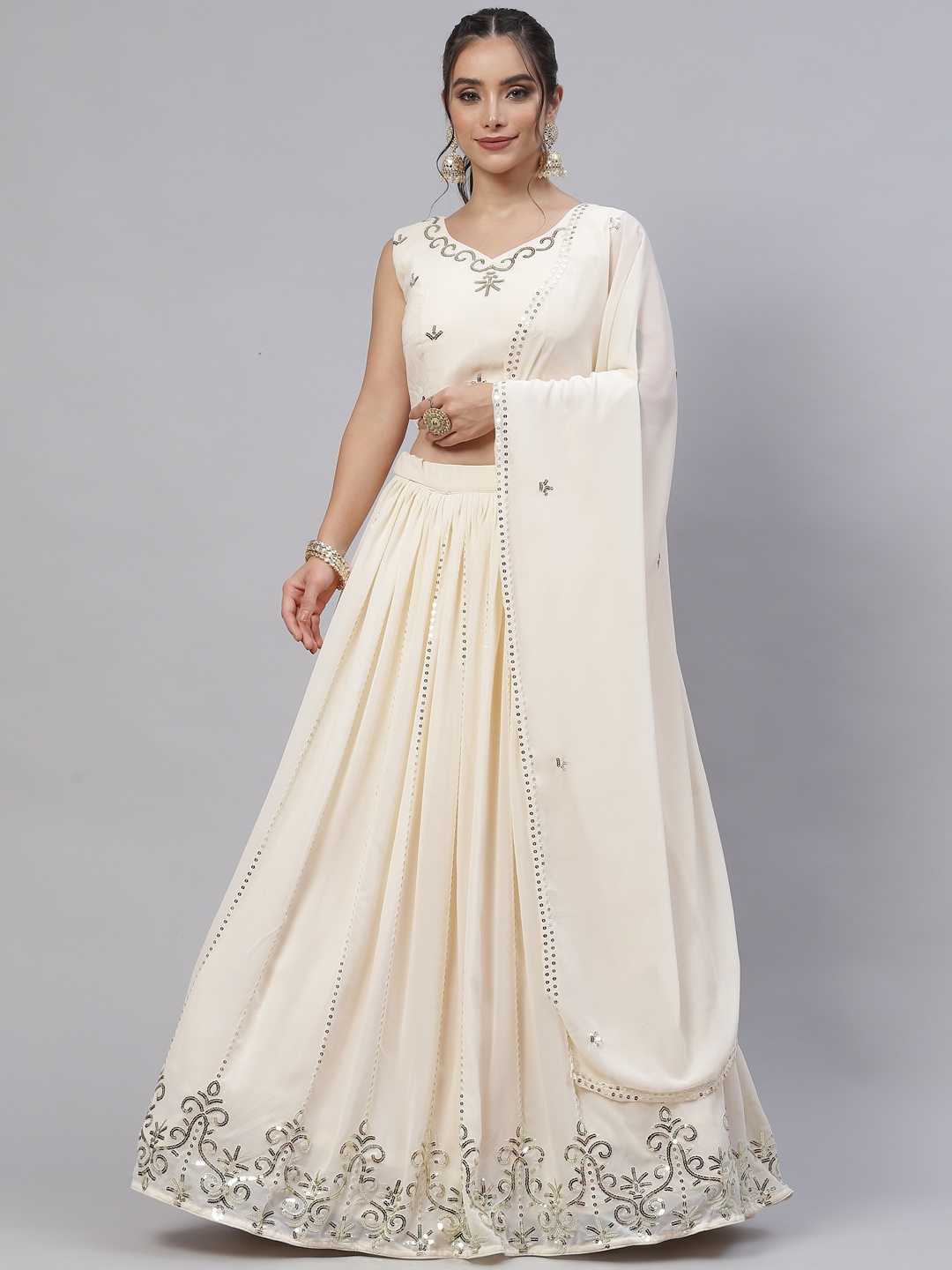 

SHUBHKALA Off White Embellished Sequinned Semi-Stitched Lehenga & Unstitched Blouse With Dupatta
