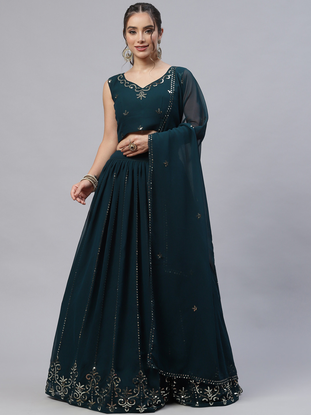 

SHUBHKALA Teal Embellished Sequinned Semi-Stitched Lehenga & Unstitched Blouse With Dupatta