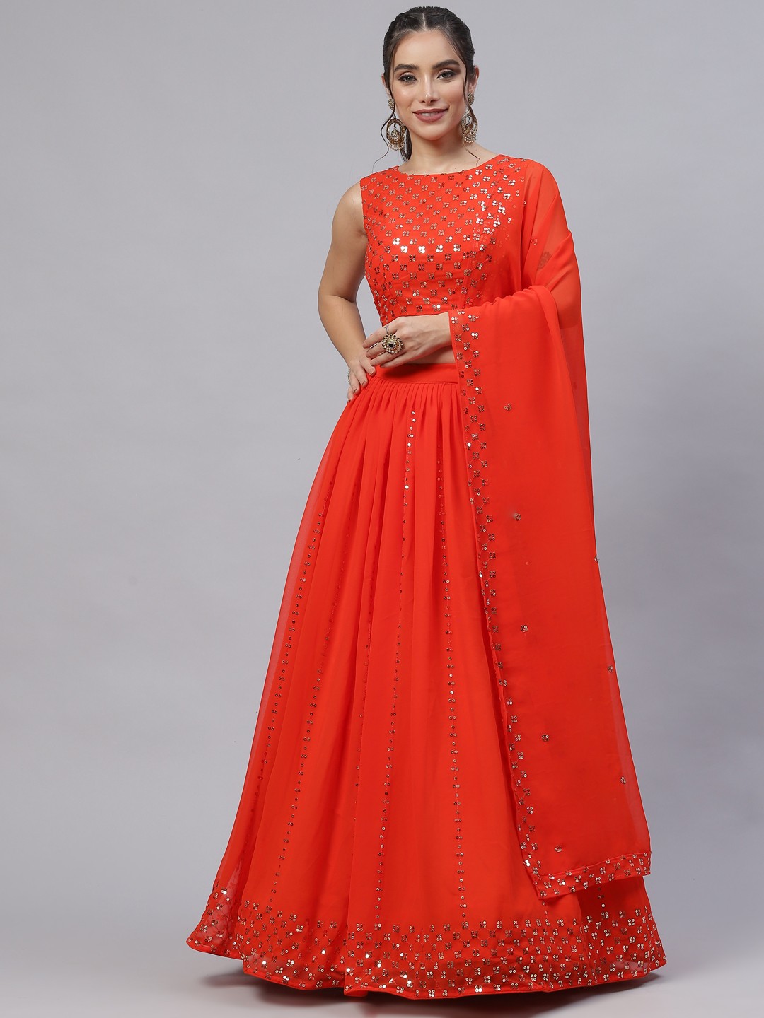 

SHUBHKALA Orange Embellished Sequinned Semi-Stitched Lehenga & Unstitched Blouse With Dupatta