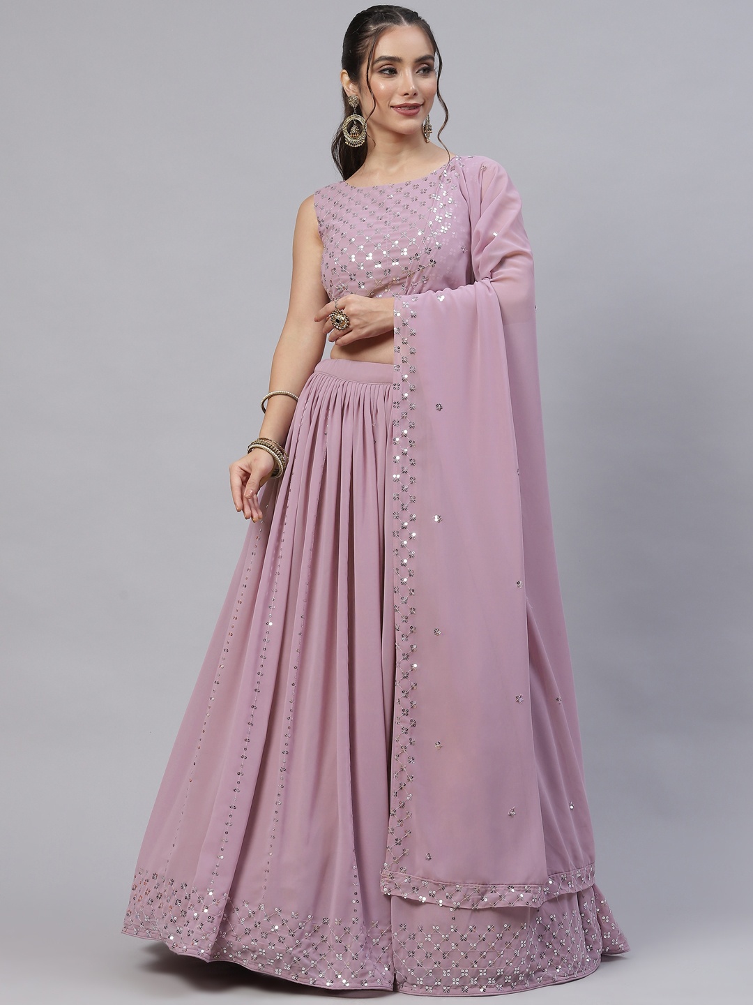 

SHUBHKALA Rose Embellished Sequinned Semi-Stitched Lehenga & Unstitched Blouse With Dupatta