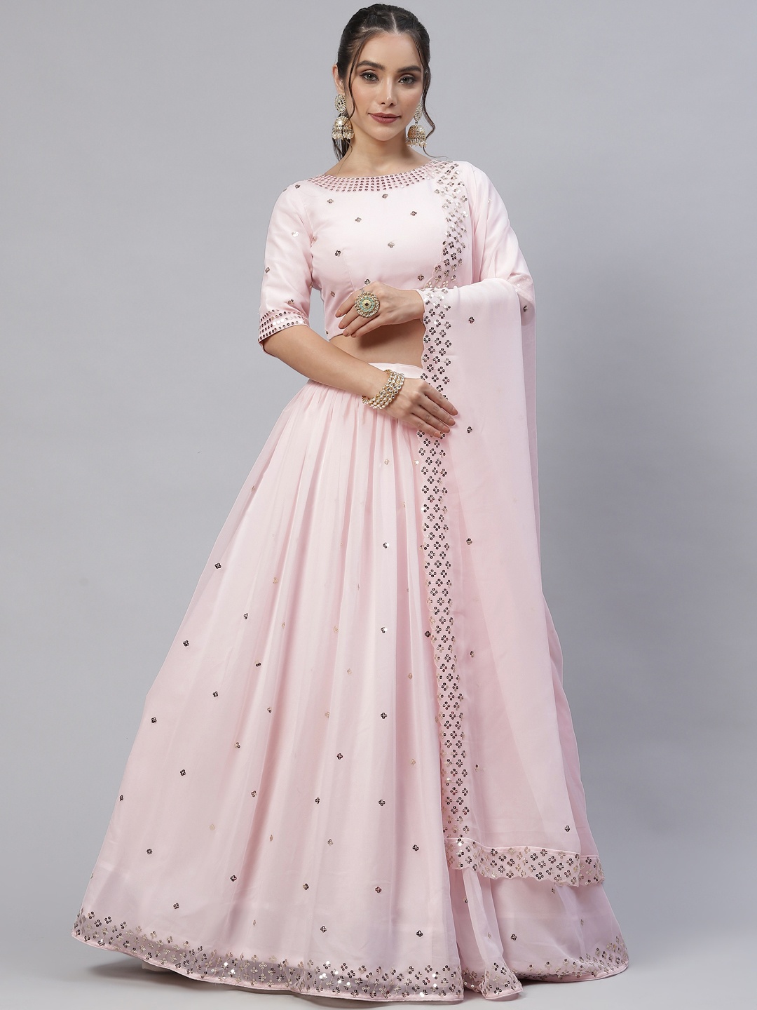 

SHUBHKALA Pink Embellished Sequinned Semi-Stitched Lehenga & Unstitched Blouse With Dupatta