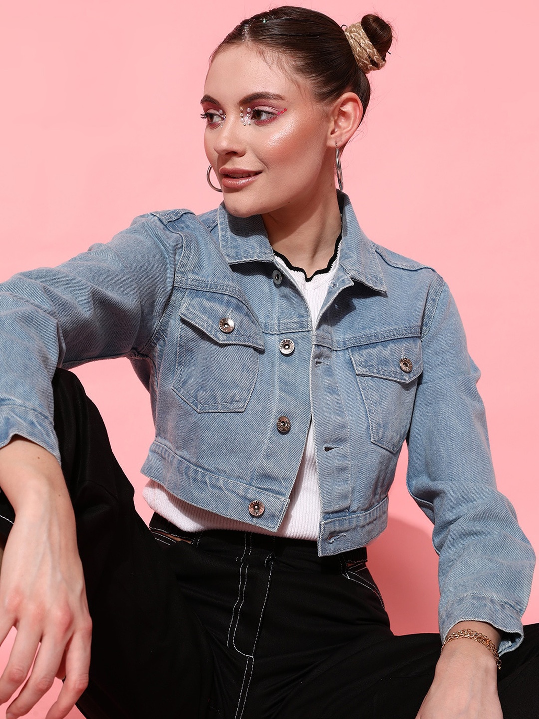 

STREET 9 Women Blue Washed Crop Denim Jacket